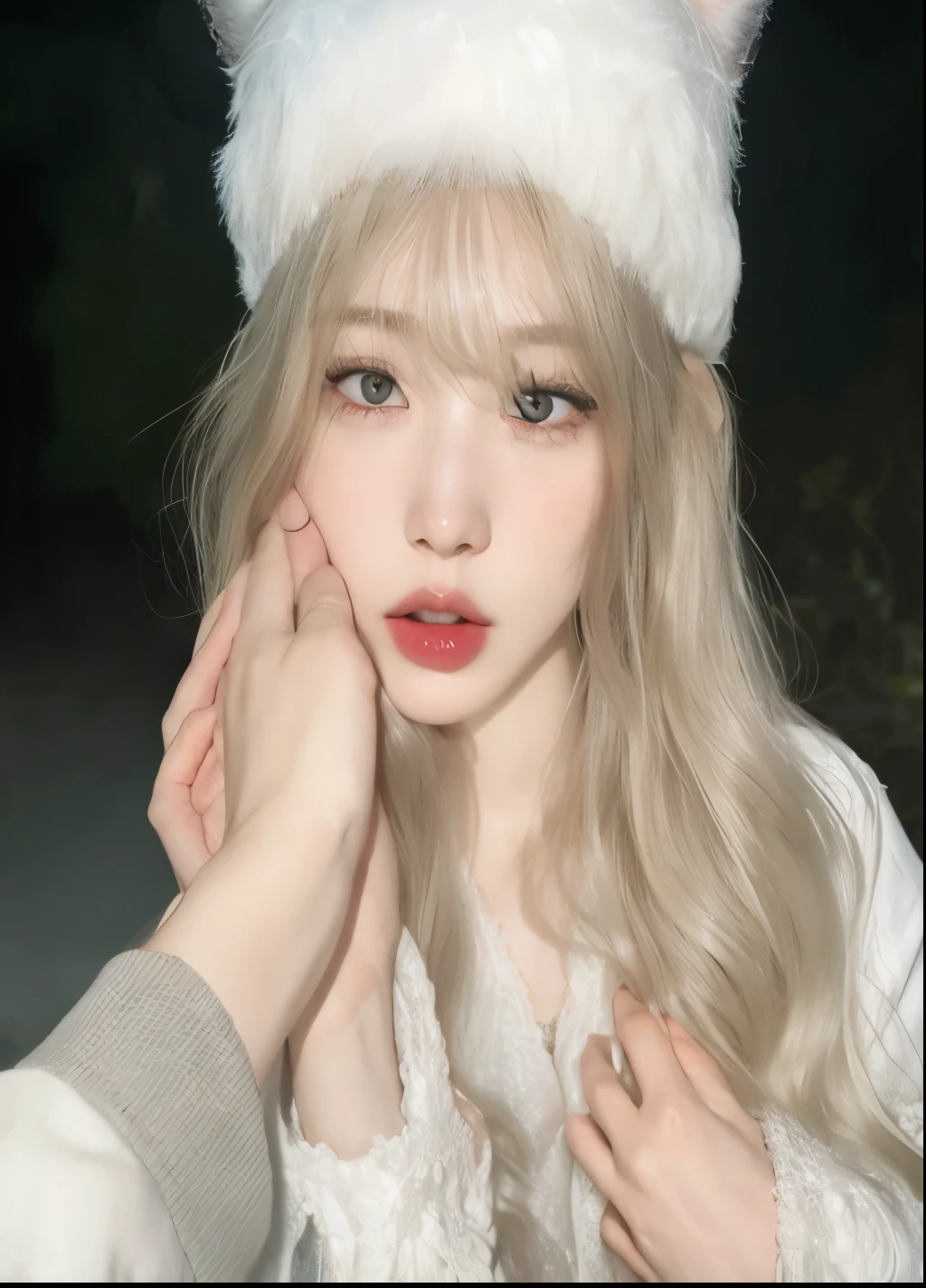 Mujer de pelo rubio con ojos azules y un sombrero blanco., ulzzang, muy hermosa linda catgirl, Lalisa Manobal, pale, snow-white skin, pelo largo y rubio y ojos grandes, pale porcelain white skin, dulce conejita ultrarrealista, retrato realista kawaii, sakimichan, young pale ghost, pelo largo y rubio y ojos grandes