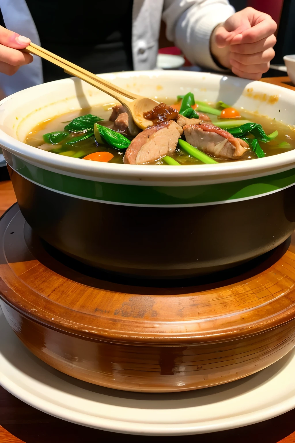 detailed,A beautiful woman has a Chinese hotpot in front of her,Fat cattle,lamb leg,Green vegetables,There are many delicacies on the table