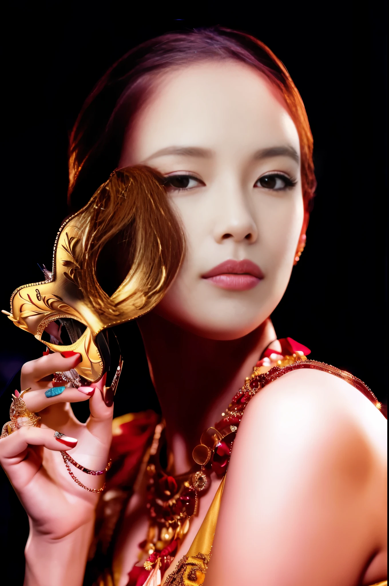 arafed woman holding a Gold Mask in front of her face, wearing a bejeweled mask, Gold Mask, Golden mask, Inspired by Tang Sin Yun Sandara, Inspired by Jeong Sung, Gia, beautiful korean woman, Inspired by Yoon Doo Seo, Venetian mask, Beautiful woman, IU Lee Ji Eun plays a super villain, masquerade mask