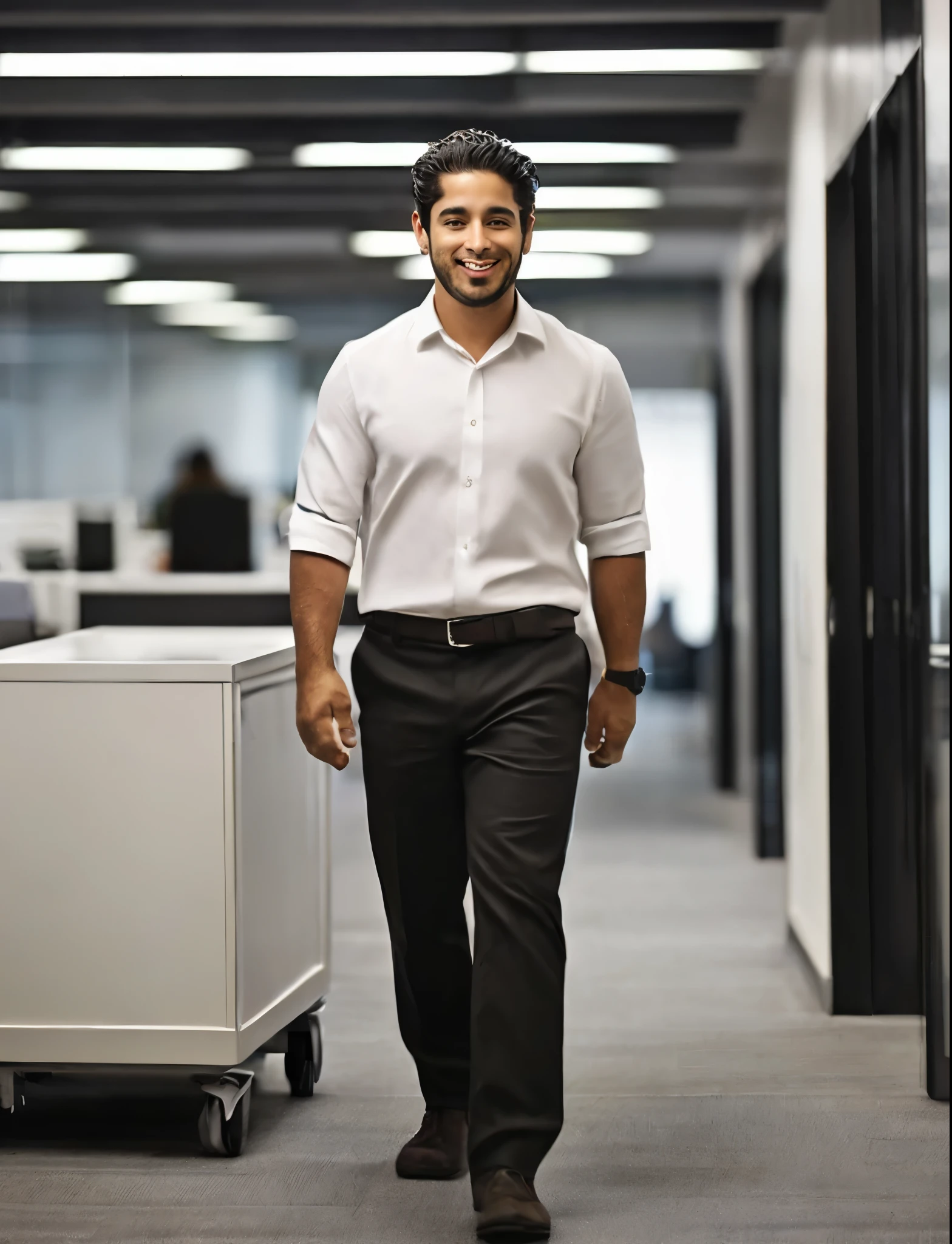 arafed man walking in an office hallway with a smile on his face, handsome man, office clothes, handsome and elegant, a handsome, cinematic full body shot, bangalore, walking towards camera, handsome male, corporate portait, wearing business casual dress, handsome, business clothes, corporate style, corporate boss, promotional portrait, advertising photo, with a business suit on