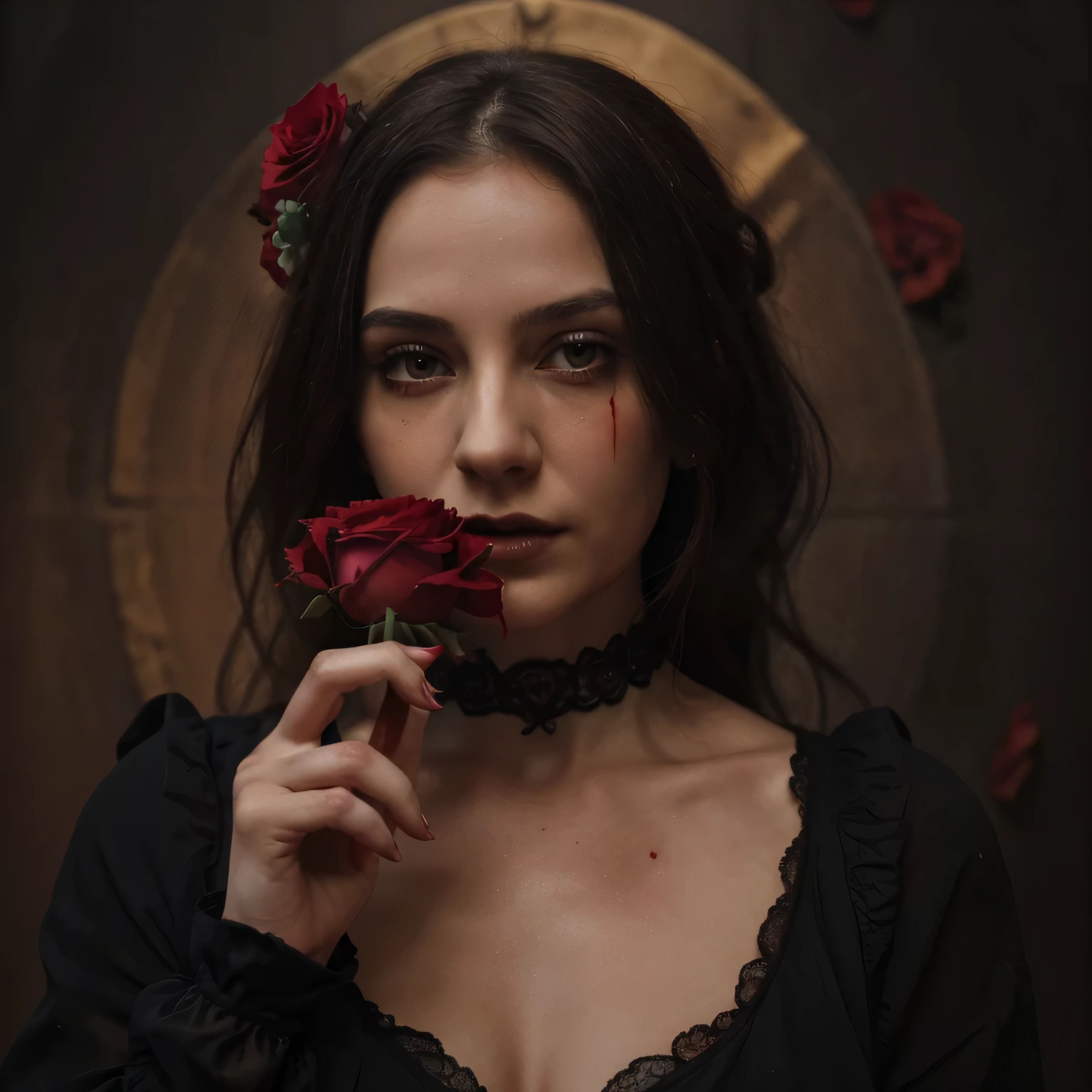 (Mejor calidad,high resolution:1.2),oil painting,mano de mujer detallada,centrado,sosteniendo una rosa roja,fading petals,Gothic style,oscuro y vibrante, Detalles de BLOOD,small flickering flame