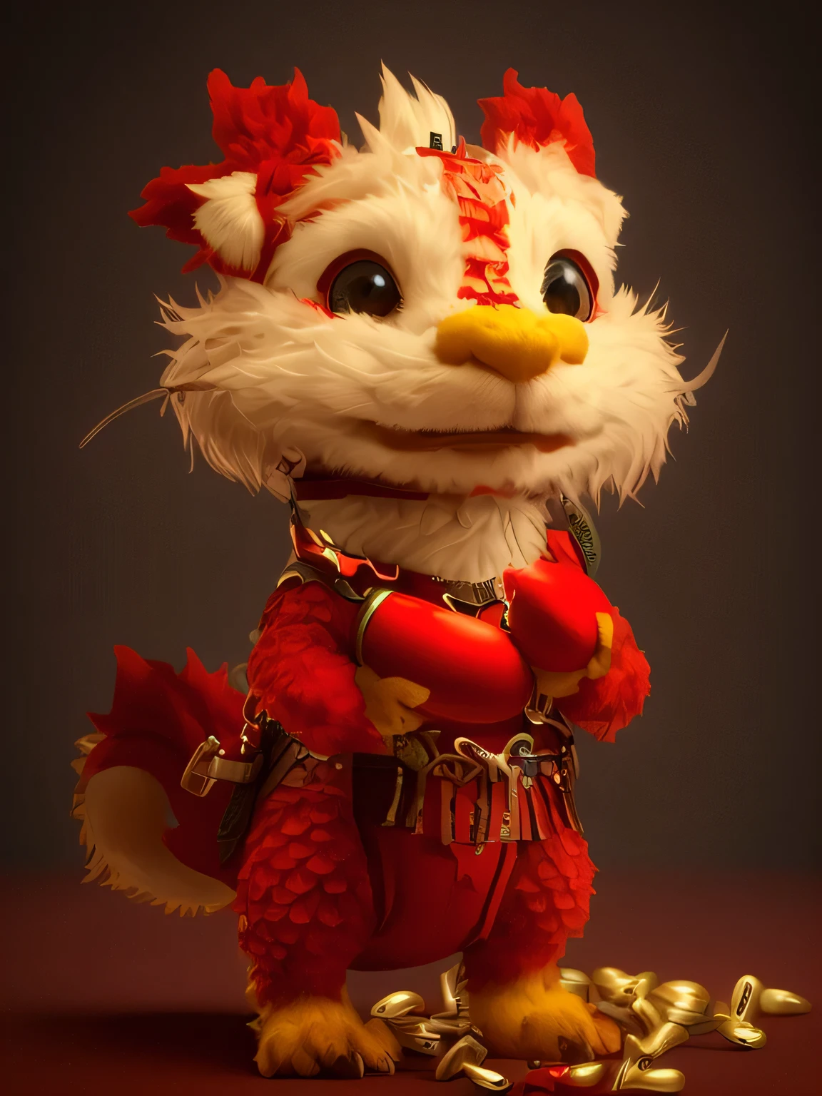 Close up of red and white stuffed toy with bell, Japanese mascot 3D model, as an anthropomorphic dragon, CG Society of Japan 9, CG Society of Japan ), CG Society of Japan - w 1 0 2 4 - n 8 - i, Wojtekfors, @ brush, colored brush render, anthropomorphic dragon, doujinshi, sha xi