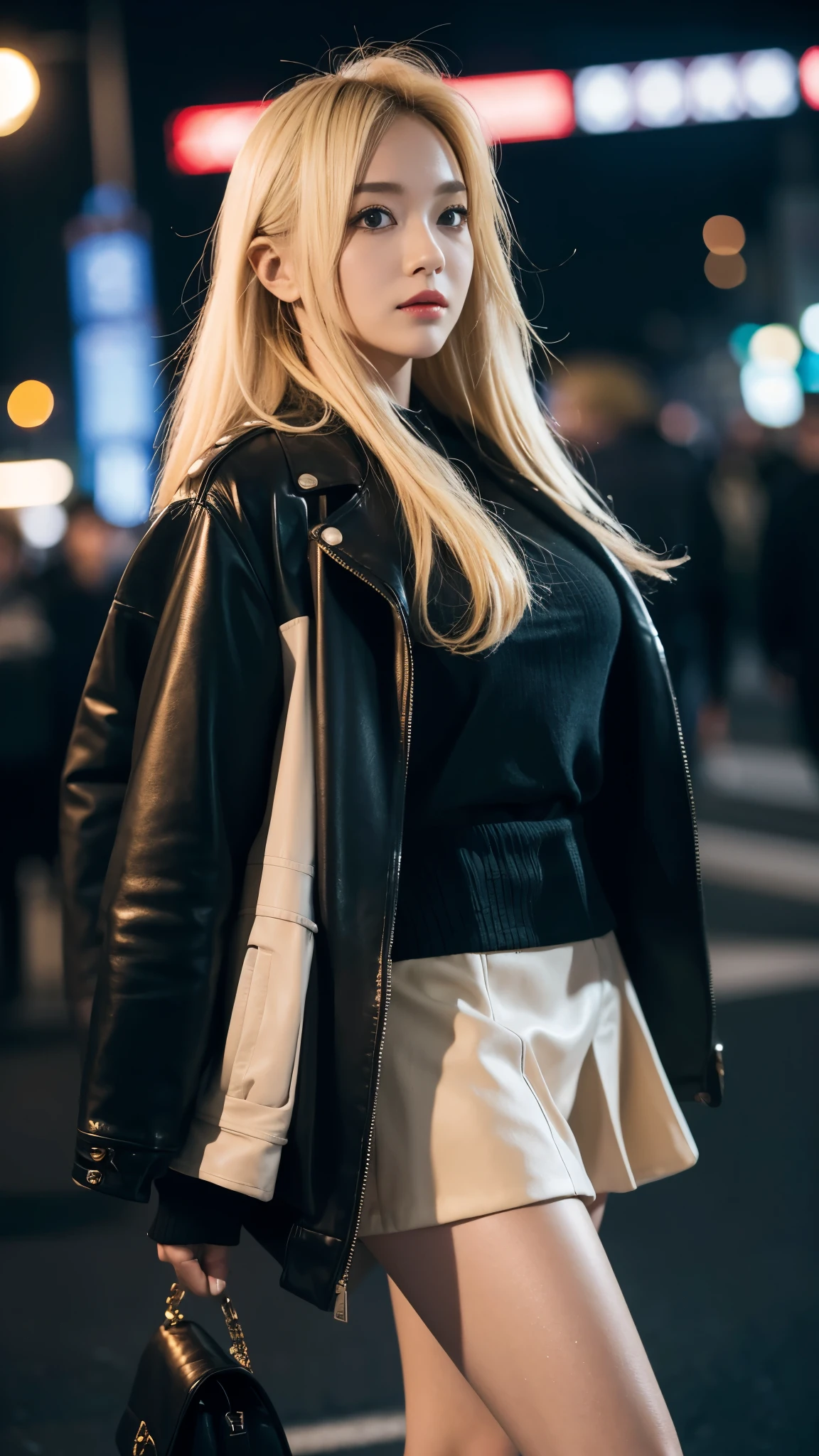 Close up A woman blonde hair wearing jacket and mini skirt walking on the night city 