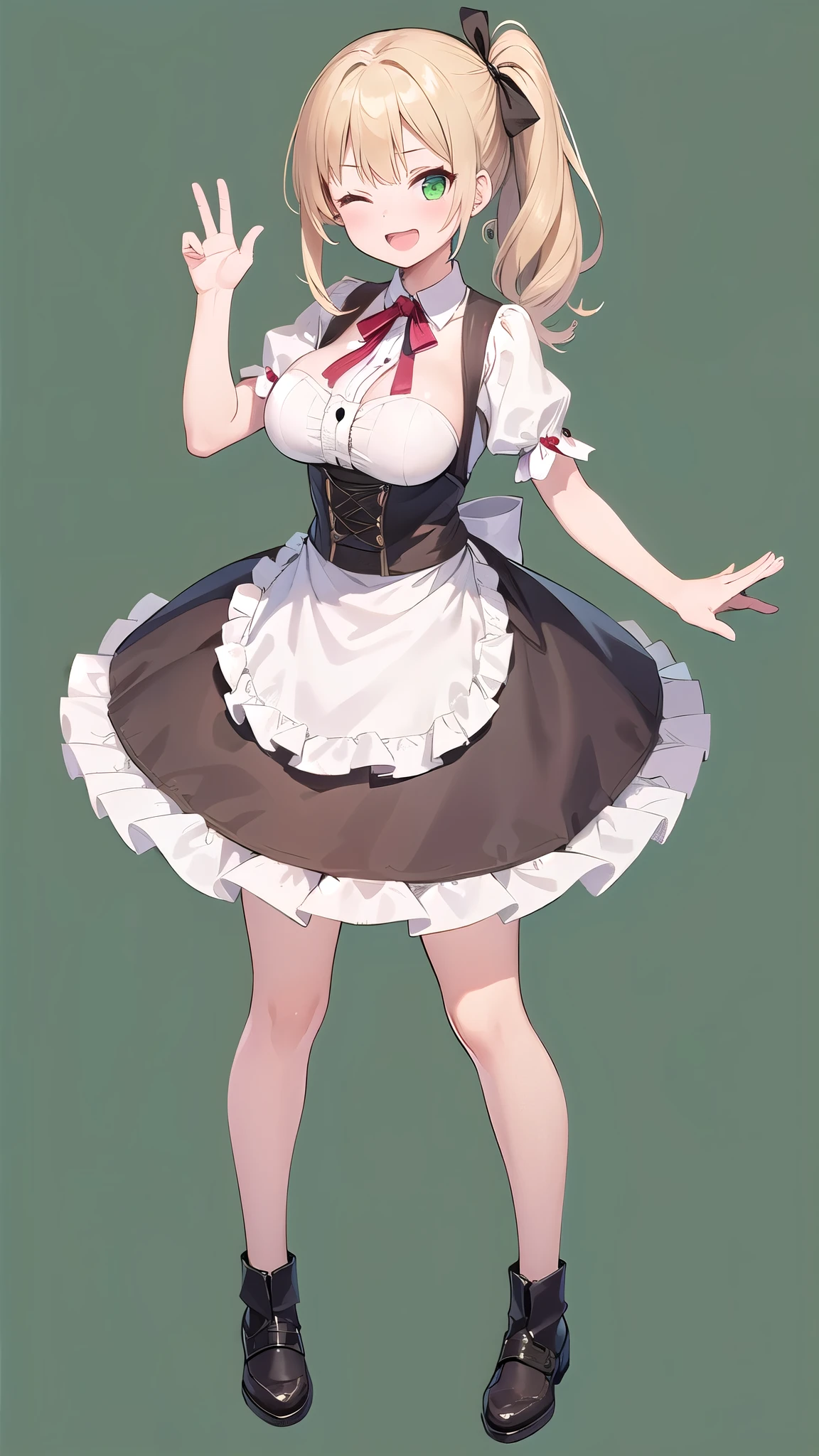 1 girl, game cg, brown short frilled dress, hair ribbon, small apron,(gigantic breasts:1.2), blonde, middle hair, side ponytail, green eyes,standing,(white background:1.2),(full body:1.2) ,smile,open mouth,one eye closed,outstretched hand,