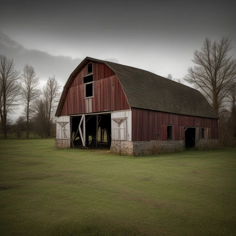 Eerie rural abandoned dilapidated barn, rural village, landscape, (highly detailed, HD), high octane, 8k, high resolution, dramatic lighting, sharp focus, depth of field, masterpiece , top quality, 3D, photorealistic, high quality textures