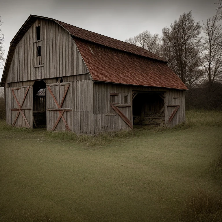 Eerie rural abandoned dilapidated barn, rural village, landscape, (highly detailed, HD), high octane, 8k, high resolution, dramatic lighting, sharp focus, depth of field, masterpiece , top quality, 3D, photorealistic, high quality textures