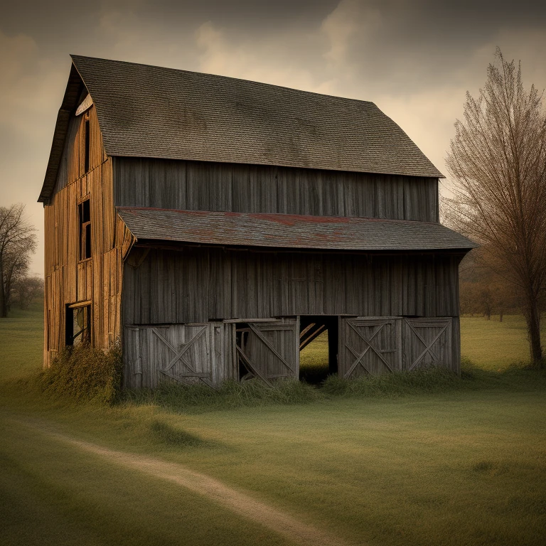 Eerie rural abandoned dilapidated barn, rural village, landscape, (highly detailed, HD), high octane, 8k, high resolution, dramatic lighting, sharp focus, depth of field, masterpiece , top quality, 3D, photorealistic, high quality textures