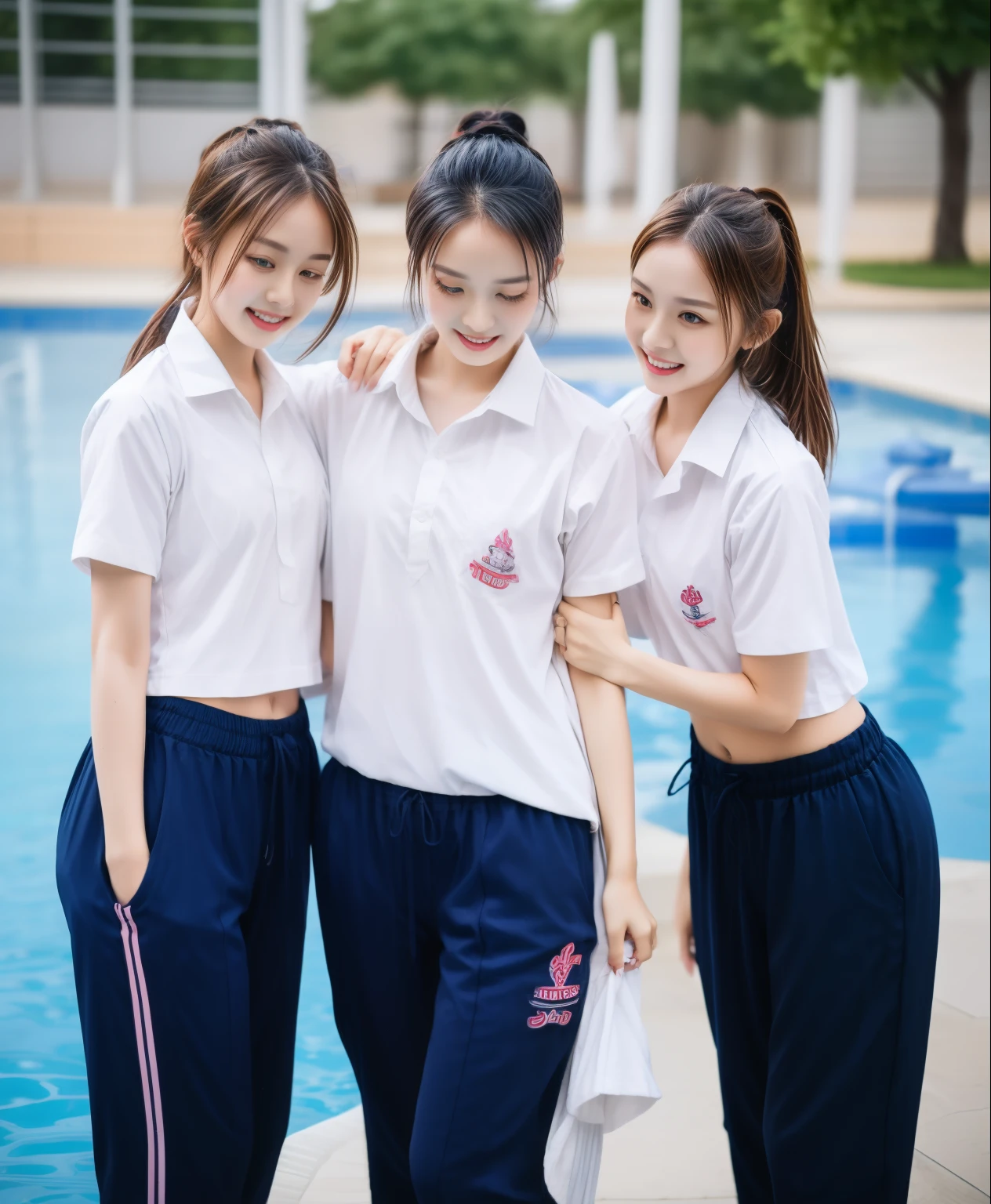 3 girls in the swimming pool, Navy blue short-sleeved shirt,Navy Long Trackpant,Sweatpants, Sweatpantsขายาว,25 year old girl, lesbian, sexy, exercise clothes, wet body, exercise clothes