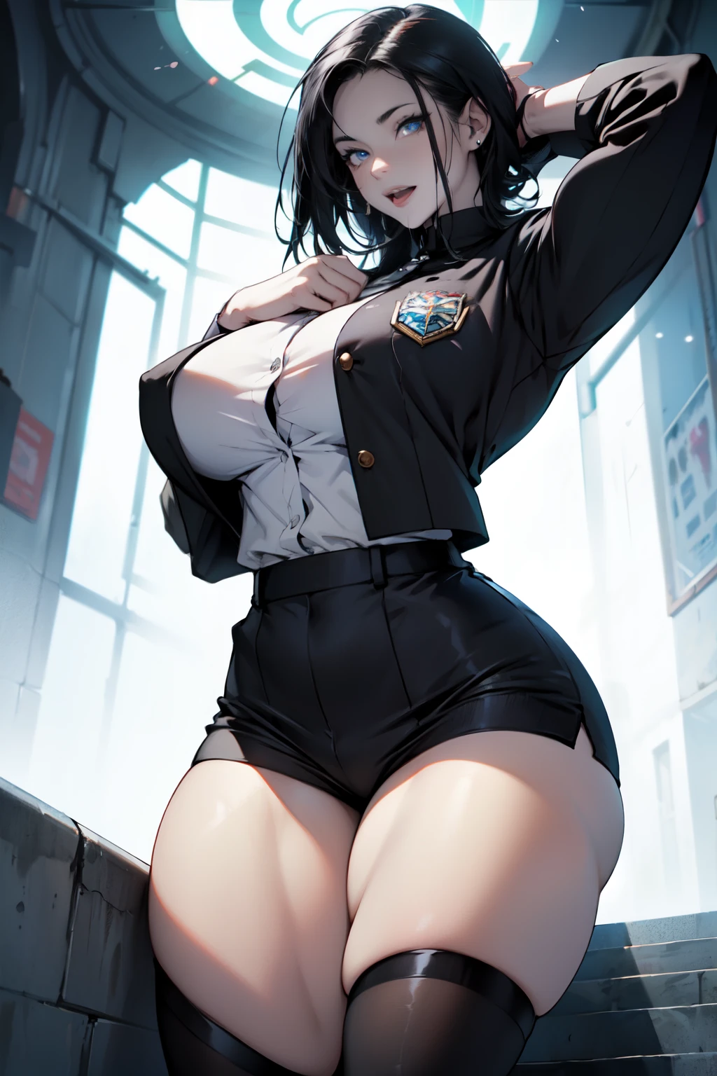 (1 girl), black hair, Hair is particularly short, blue eyes, ((muscular)), huge breasts, Thick thighs, alone, Sexually excited, (pale skin), (uniform)