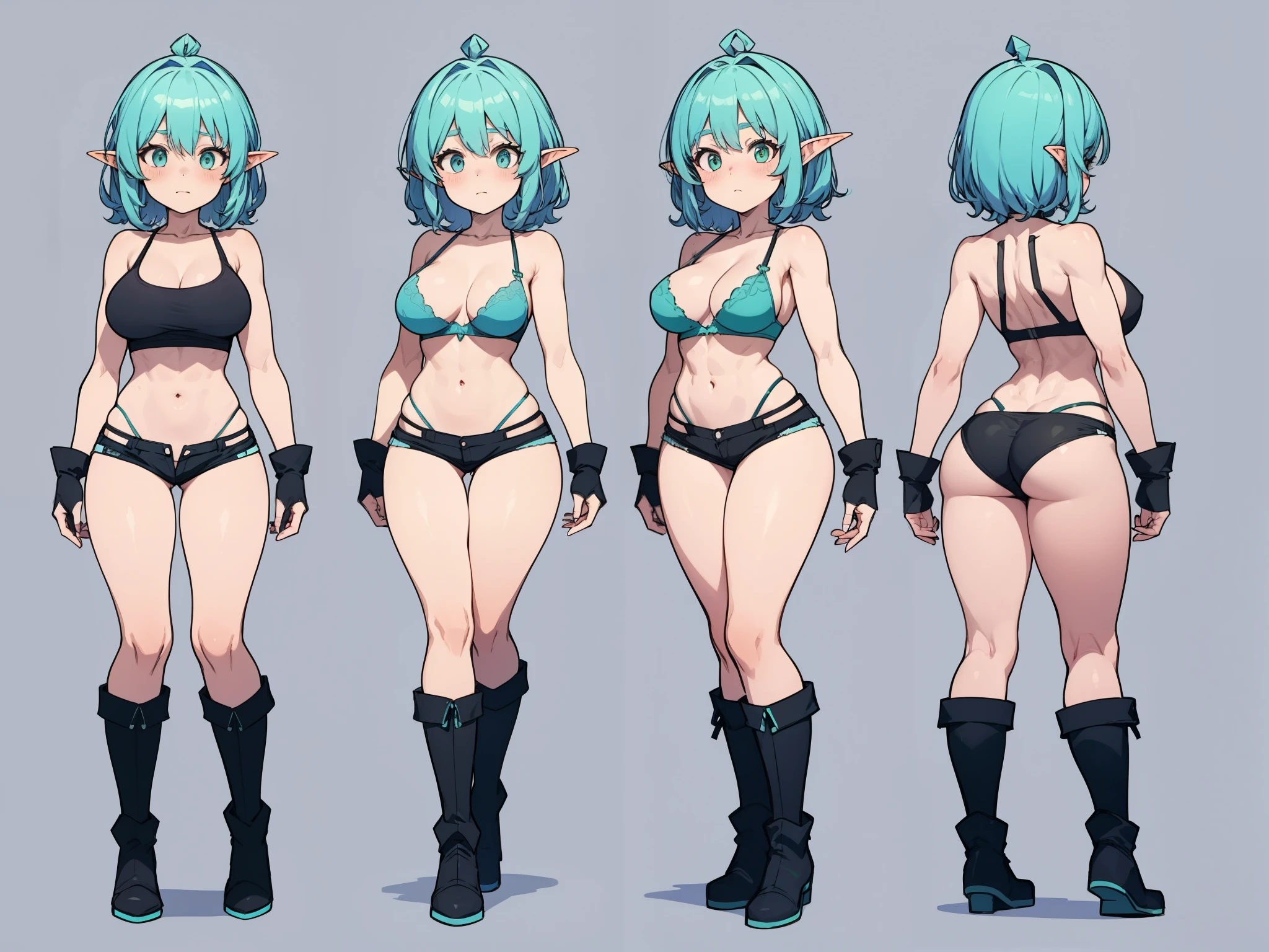 Adult goblin woman, light green skin, turquoise blue hair, long shapely and muscular legs, small waist, huge breasts, tight shorts, high stockings, tank top, black bra, boots, 8k, hd, masterpiece, full body, white background, character sketch in various perspectives back, front, 3/4