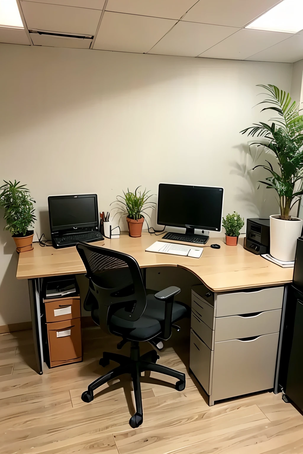 ((best quality)), ((masterpiece)), (detailed), perfect face,indoor scene,Studio lighting,Perfect background,Sense of space,office,unmanned,potted plant,desk,Office documents on the desktop