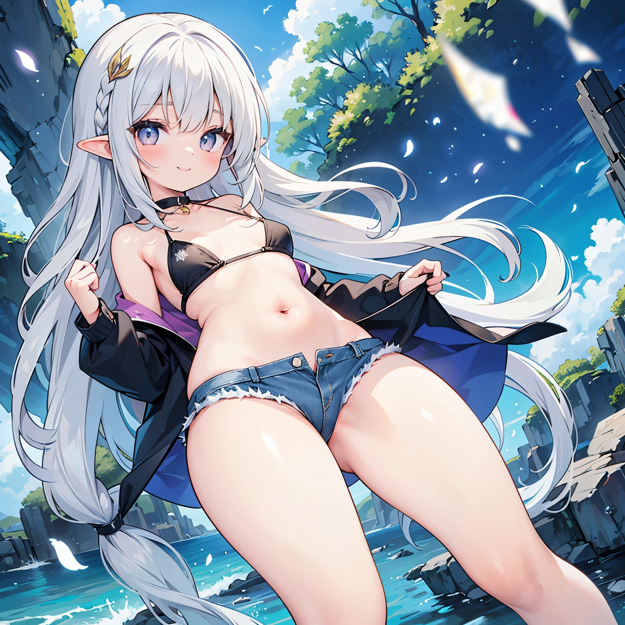 realistic image, coherent image, detailed image, 1 beautiful elf, She has silver hair with black tips, long hair, with braids, silver eyes, her face is oval and delicate, Blushing, smiling, She is wearing a bikini with denim mini shorts, She has a curvy body, small breasts, thick thighs, view of the thighs, with legs together, snowflakes,