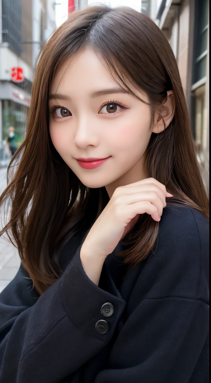 table top, highest quality, shape, Super detailed, finely, High resolution, 8k wallpaper, 完璧なダイナミックな構shape, beautiful and detailed eyes, tokyo trend冬ファッション,tokyo trend&Introducing cute hairstyles at random, small breasts, natural color lip, random sexy pose,cute smile,20 year old girl、beautiful and detailed face、perfect and beautiful face,Big eyes、Wear fluffy black outerwear with fur、beautiful detailed face、perfect and beautiful double eyelids、blur the background、perfect and beautiful face、Feminine poses、blur the background、slim face and style、blur background