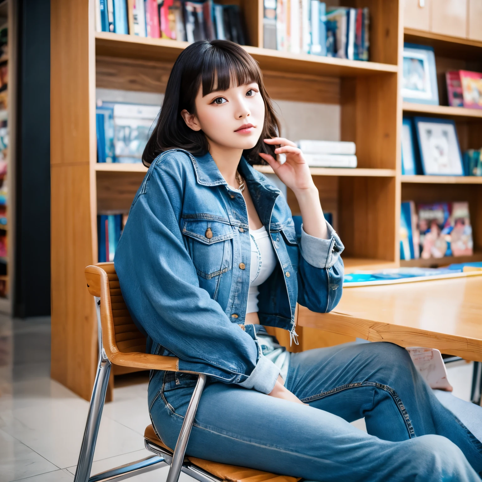 Kazakhstan woman, wearing a denim jacket and casual pants, summer at office, sitting in a chair near the comic book shelf