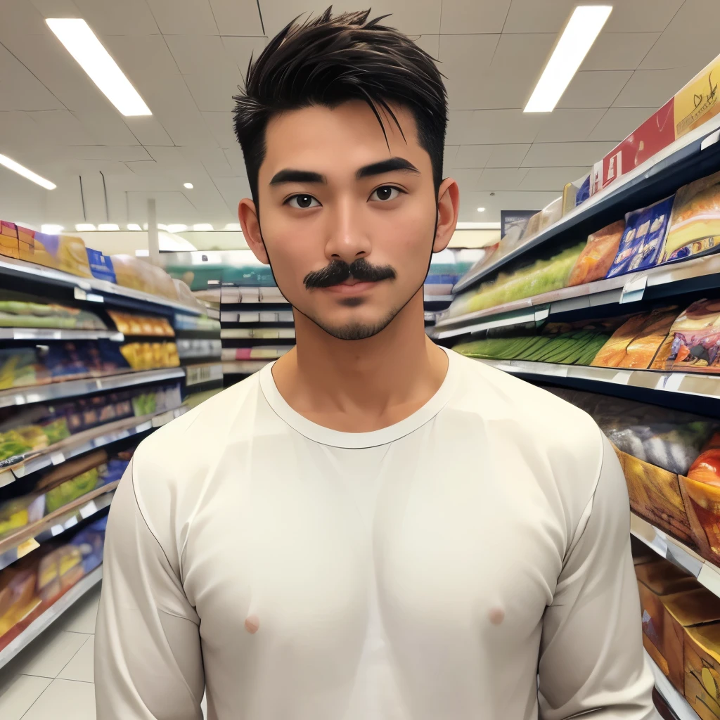 (highest quality:1.5), (masterpiece:1.5), (Inside the supermarket:1.2), (Japanese:1.1), solo, hot guy, [brown mohawk:0.9], short mustache, (macho:1.2), 33 years old, Long sleeve white T-shirt, jeans, (shoot from front:1.3), Are standing, looking at the camera, close-up face