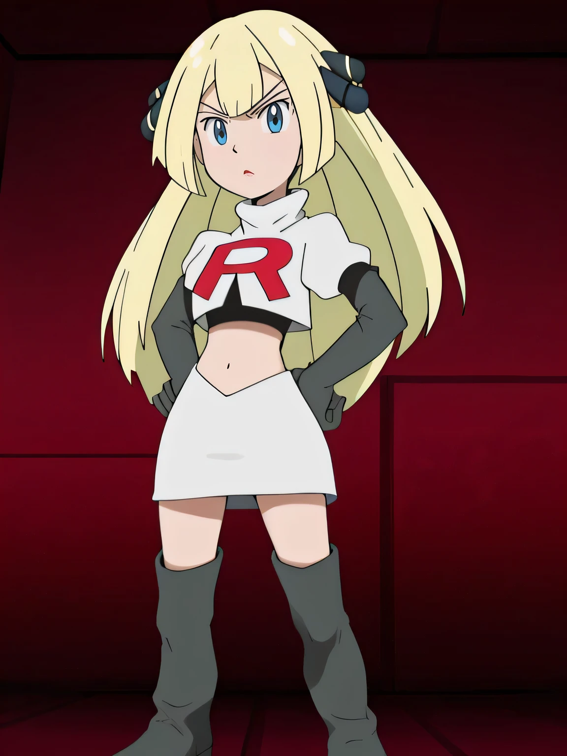 cynthia (pokemon), 1girl, solo ,blonde hair, blue eyes ,hair covering one eye, hair ornament ,glossy lips, earings ,masterpiece, best quality, highres,team rocket uniform, red letter r, white skirt, white crop top, black thigh-high boots, black elbow gloves, glaring angrily, looking at viewer, hands on hips, full body seen, zettai ryouiki