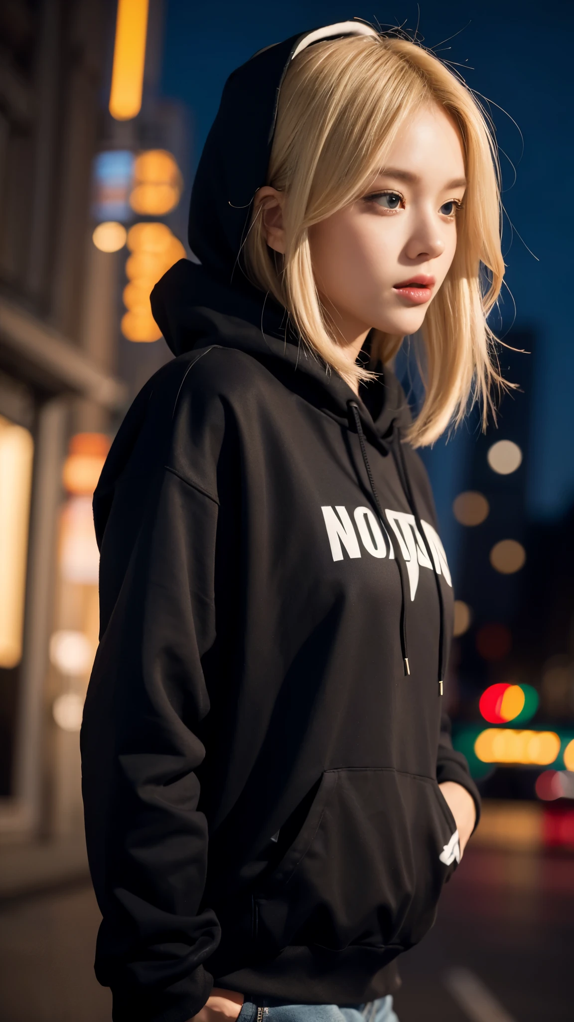 Close up A woman blonde hair wearing Hoodie walking on the night city 