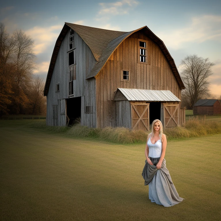 Abandoned dilapidated barn in an eerie rural setting, with a blonde American woman standing in front of it, rural village, landscape, (highly detailed, HD), high octane, 8k, high resolution, dramatic Lighting, sharp focus, depth of field, masterpiece, top quality, 3D, photorealistic, high quality textures