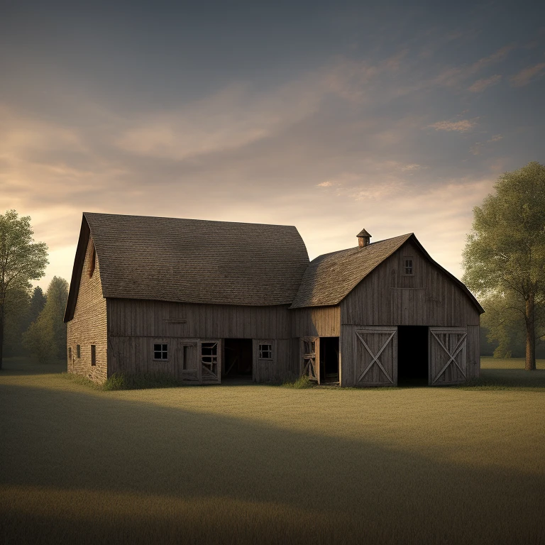 Abandoned dilapidated barn in an eerie rural setting, with a blonde American woman standing in front of it, rural village, landscape, (highly detailed, HD), high octane, 8k, high resolution, dramatic Lighting, sharp focus, depth of field, masterpiece, top quality, 3D, photorealistic, high quality textures