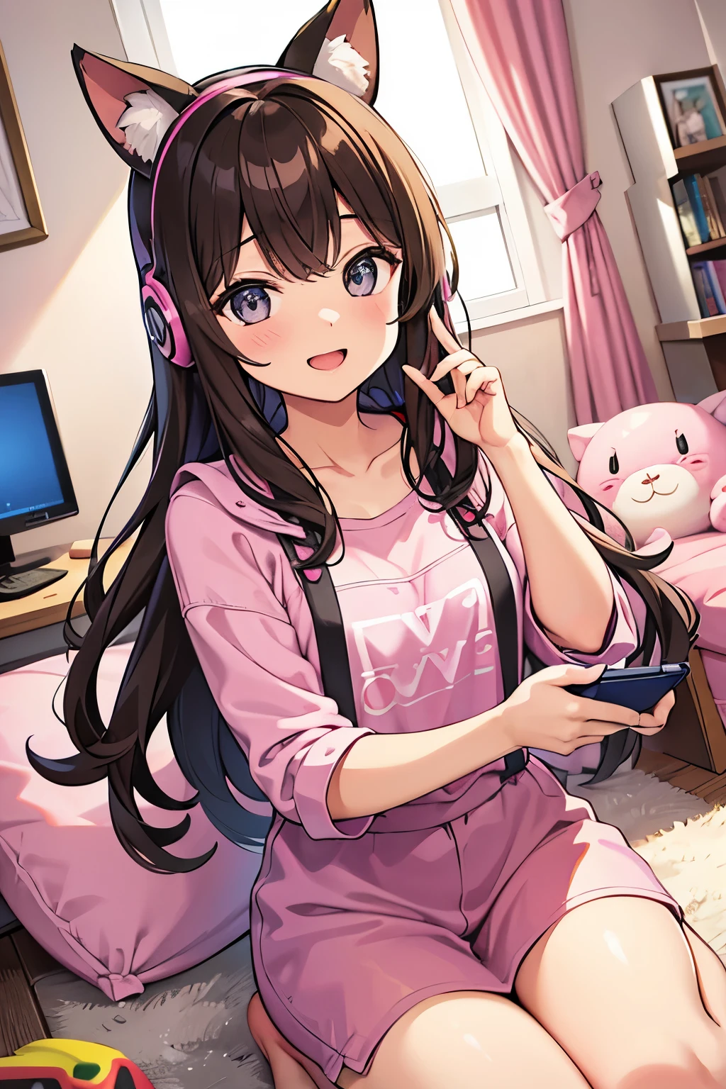 High precision,8K,Gaming Girls,1 girl, beautiful eyes, smile, Gaming Girl, bright look, fluffy brown hair, long and wavy,, sparkling black eyes, Pink pajamas, Cute headphones in pastel colors, Cross-legged pose, Playing a handheld game console, Soft and fluffy room background, Warm light from a nearby desk lamp, Blurred carpet under her, Game console screen glowing with bright colors, Soft shadows add depth to the surroundings, Light from a game console illuminating her face, In her eyes, you can see the focus and fun, Fingers deftly move over the game controls, Soft blush on her cheeks, Hair falls on her face, A happy smile lights up her face, Her posture was relaxed and comfortable, Colorful game posters decorating the walls, Game-themed trinkets and figurines on the shelves in the background, Comfortable gaming chair behind her, A hint of laughter escaping from her lips, Relaxed and cozy atmosphere, kind, Playful and carefree, Pillows and stuffed animals that reflect your love of the game, Fluffy and soft texture that contrasts with the sharp shine of the gaming screen, Overall scene full of cuteness and fun,大きく口を開けてsmile,lively girl,優しそうなsmile
