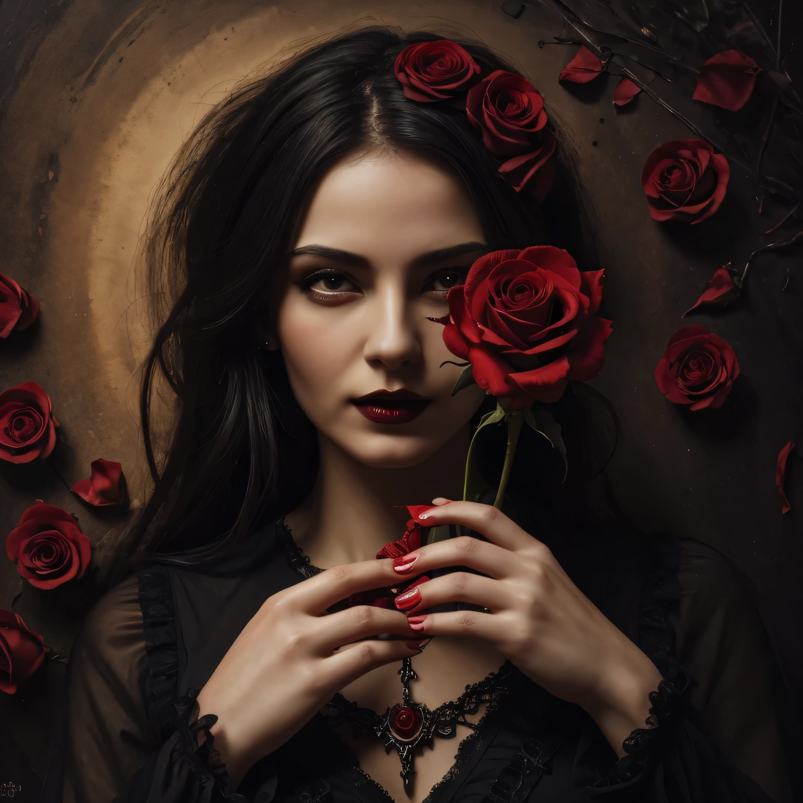 (Mejor calidad,high resolution:1.2),oil painting,mano de mujer detallada,centrado,sosteniendo una rosa roja,fading petals,Gothic style,oscuro y vibrante, Detalles de BLOOD,small flickering flame