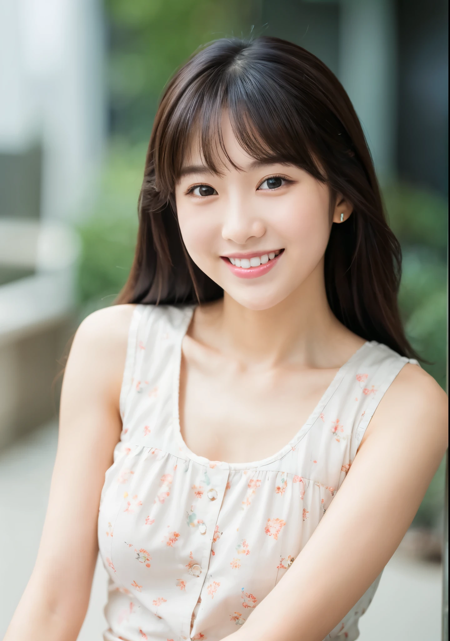 Masterpiece, best quality, perfect face, beautiful eyes, beautiful face, 1girl, solo, looking at viewer, smiling, bangs, upper body, sleeveless shirt, long hair, bangs