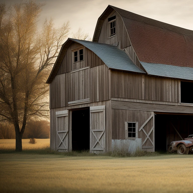 Eerie rural abandoned dilapidated barn, rural village, landscape, (highly detailed, HD), high octane, 8k, high resolution, dramatic lighting, sharp focus, depth of field, masterpiece , top quality, 3D, photorealistic, high quality textures