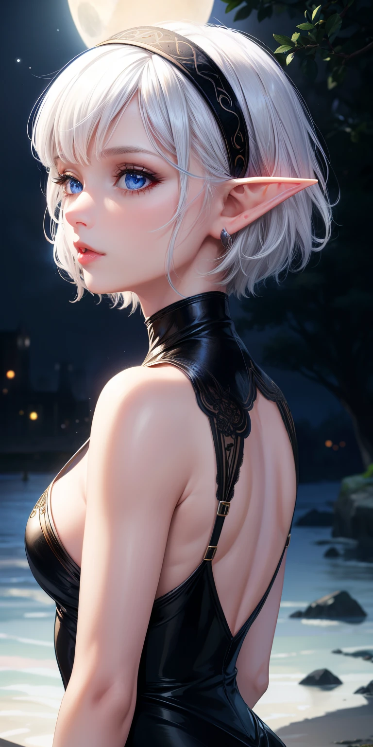 realistic, 1woman, short white hair, blue eyes, elf ears, black dress, night time, moonlight