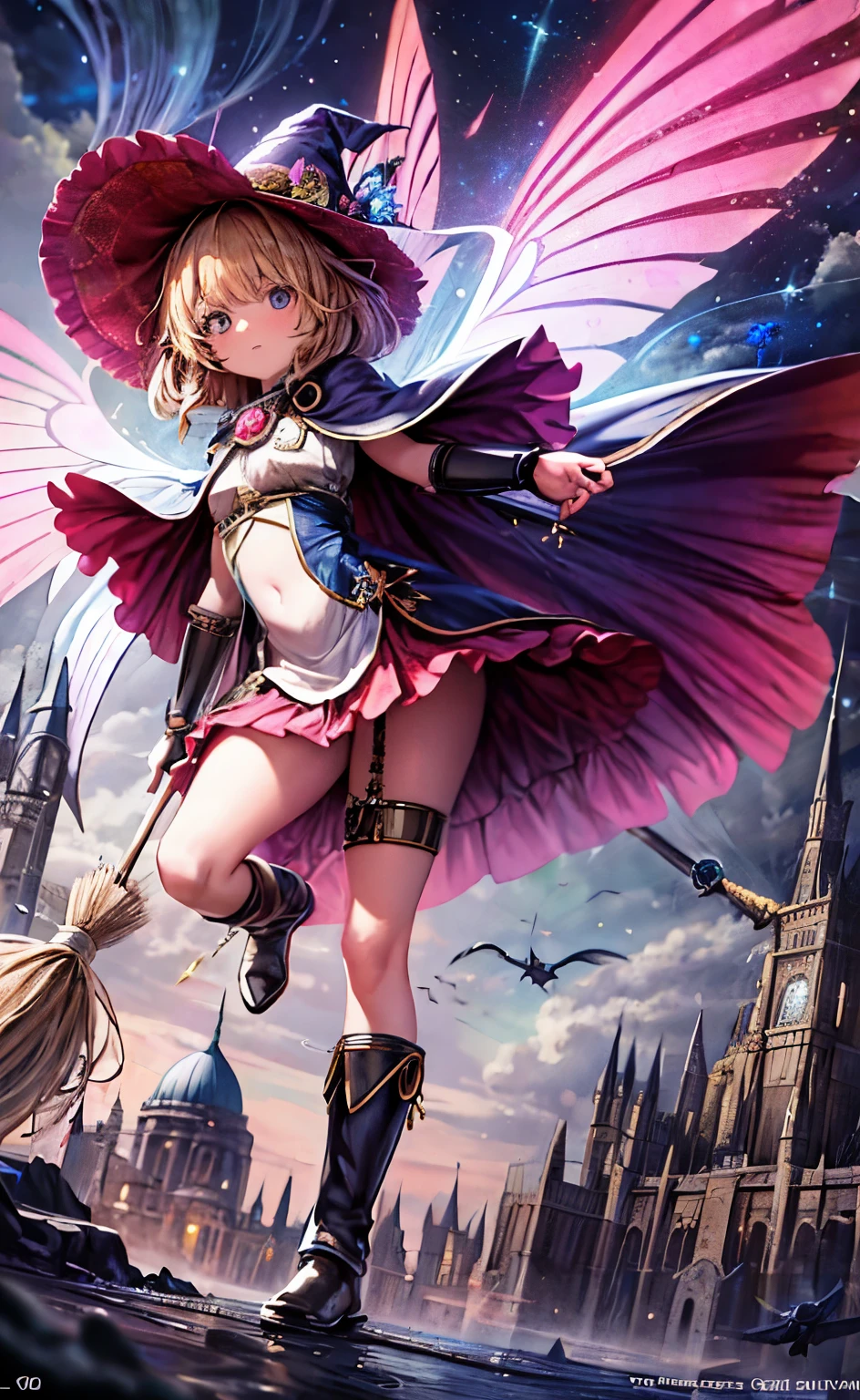 masterpiece, best quality, ultra-detailed, illustration, 1girl, solo, fantasy, flying, broom, night sky, outdoors, magic, spells, moon, stars, clouds, wind, hair, cape, hat, boots, broomstick, glowing, mysterious, enchanting, whimsical, playful, adventurous, , wonder, imagination, determination, skill, speed, movement, energy, realism, naturalistic, figurative, representational, beauty, fantasy culture, mythology, fairy tales, folklore, legends, witches, wizards, magical creatures, fantasy worlds, composition, scale, foreground, middle ground, background, perspective, light, color, texture, detail, beauty, wonder.