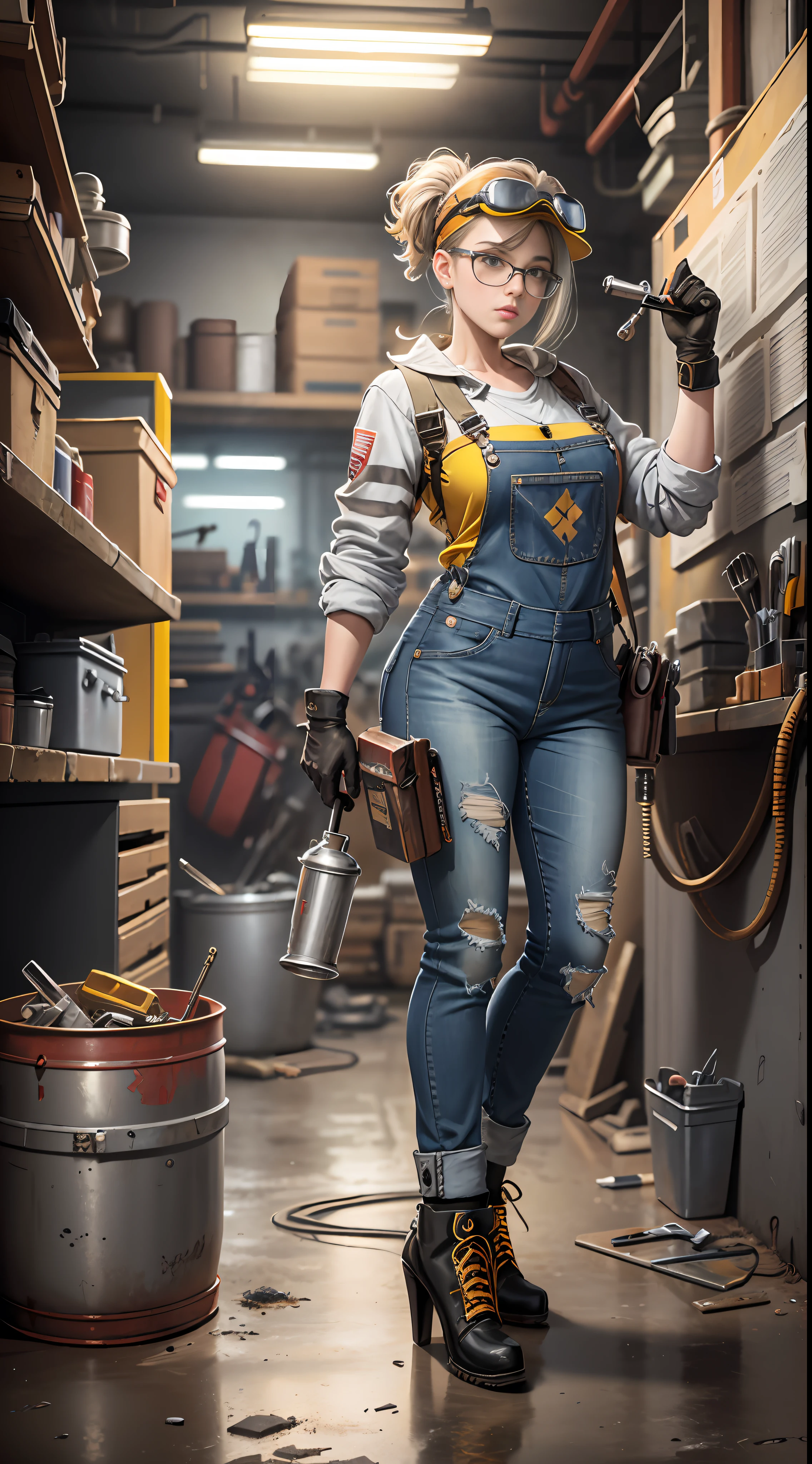 Masterpiece, high quality, super detailed, illustration, a pretty girl, shiny, reflective, jeans, yellow overalls, body, work shoes, industrial, high heels, black, red, silver, metallic, gloves, goggles, equipment, machinery, tools, sparks, pipes, instruments, meters, saws, hammers, screwdrivers, wrenches, pliers, wrenches, toolboxes, fire extinguishers, first aid kits, ventilation, pipes, lights, warning signs, posters, calendars, coffee cups, workbenches, storage boxes, safety vests, concrete floors, Concrete walls, metal beams, industrial fashion, sci-fi, cyberpunk, dystopia