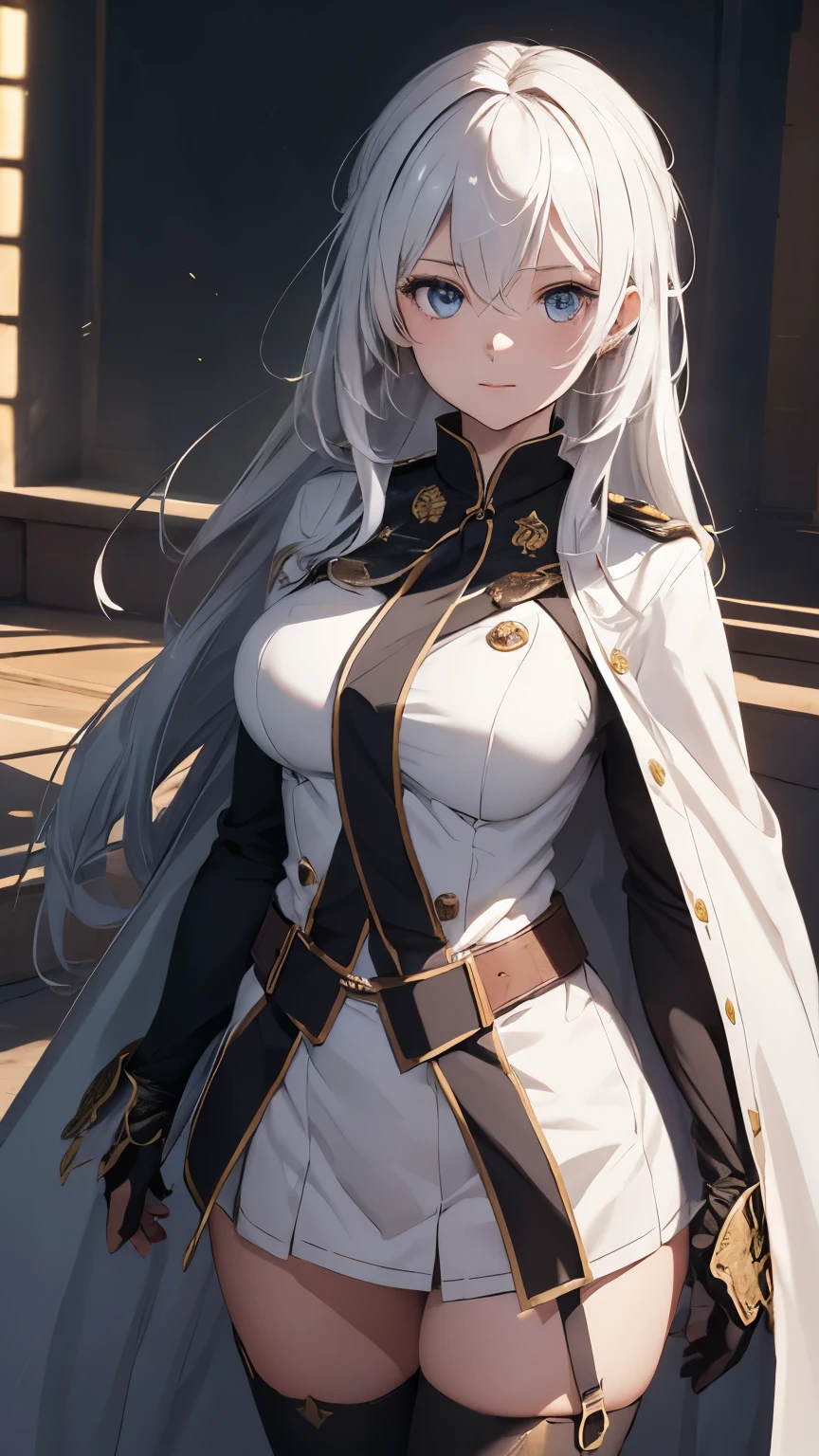 (extremely detailed CG unity 8k wallpaper), (masterpiece), (best quality), (ultra-detailed), (best illustration), (best shadow), (absurdres), 2b, 1girl, long hair, normal size , white hair, Intimidating women, admiral uniform, night, hero pose, white clothes, General Uniform, Military Uniform, Sunlight, exposed to sunlight,commander, cape, fighting, ((beautiful fantasy girl)), (Master Part: 1.2), Best Quality, High Resolution, photorealestic, photogenic, Unity 8k壁纸, perfect lighting, (perfect arms, perfect anatomy) beatiful face, intricate details, Detalhes realistas, the anime, The Perfect Girl, perfect details, Ultra HD |, 8K, Professional photo(extremely detailed CG unity 8k wallpaper), (masterpiece), (best quality), (ultra-detailed), (best illustration), (best shadow), (absurdres), 2b, 1girl, long hair, normal size , white hair, admiral uniform, night, hero pose, white clothes, General Uniform, Military Uniform, Sunlight, exposed to sunlight, commander, black clothes, happy expression