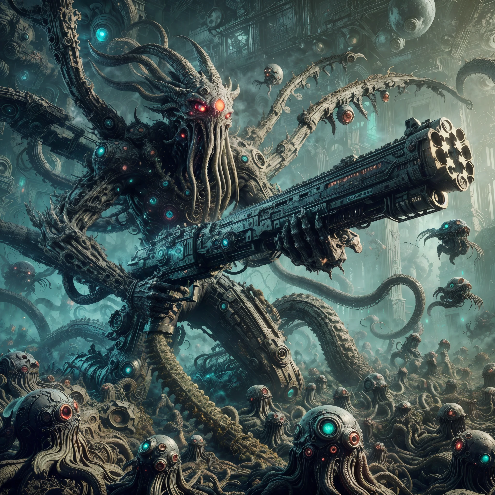 Resident evil,dark soul boss, Bloodborne,Lovecraft evils, monster, fantasy, dark, Smokey, many eyes, many tentacles, cloud like, floating, realistic, terrifying, otherworldly, destructive, pitch-black, holding a railgun made of bones, bloodstained,many mouths, many arms,tentacles, cursed human soul with desperate face,eirie,Lovecraft horror environment, ted mist