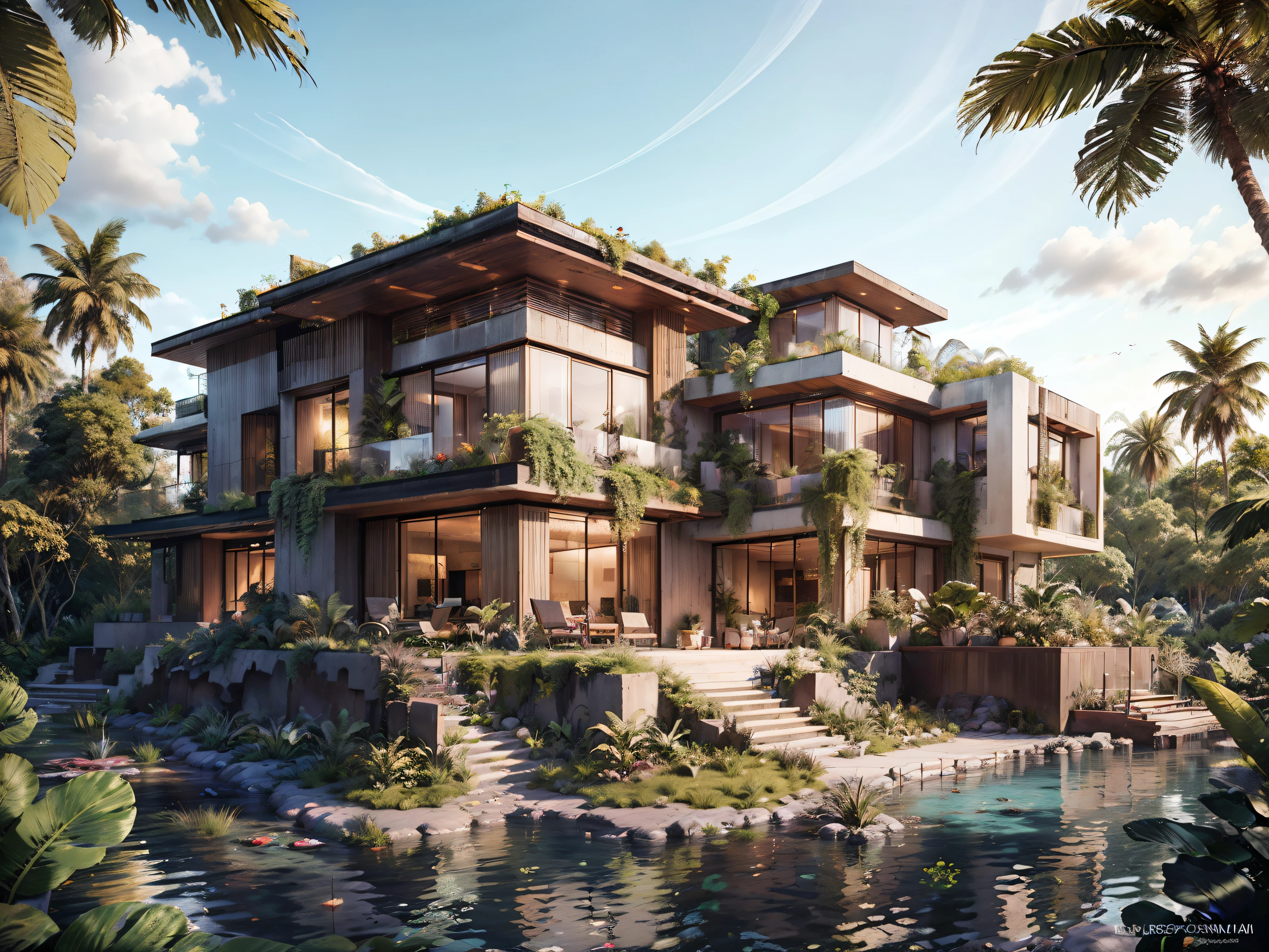 Boho Style, Deluxe Jungle Villa with Roof Garden, Glass villa with sloping roof, modern, Dynamic (RAW photo, Real, Best quality, Masterpiece:1.2), (Ultra photo realsisim, photo-realistic:1.2), High quality, (Dark lighting:1.2), Perfect lighting, archdaily, Award-winning sustainable construction, Cinematic light, golden hour light