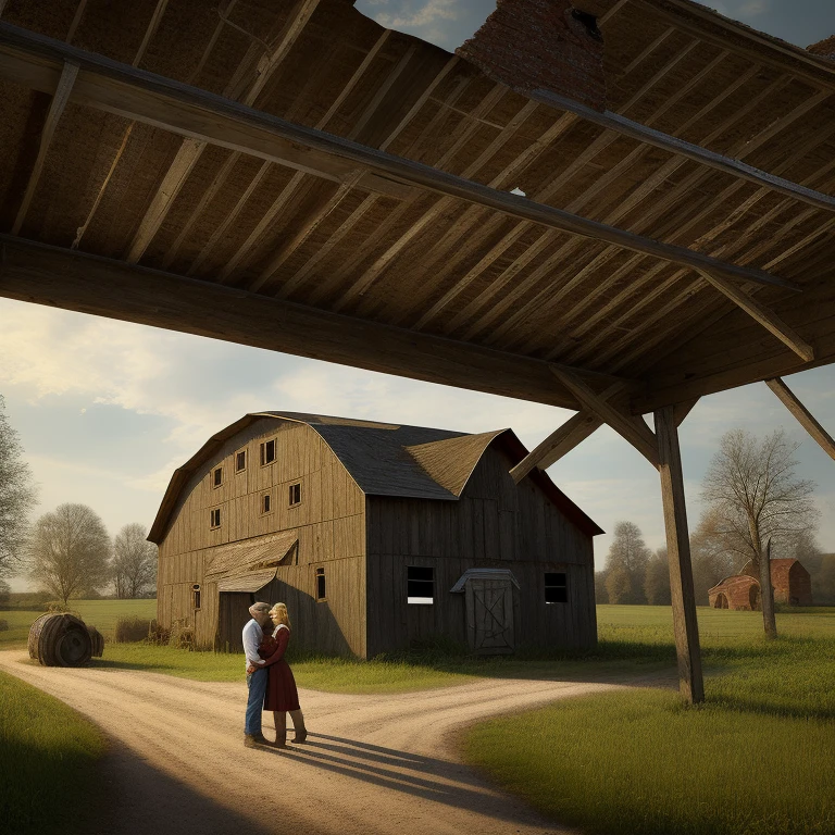 Eerie rural abandoned dilapidated barn, rural village, landscape, (highly detailed, HD), high octane, 8k, high resolution, dramatic lighting, sharp focus, depth of field, masterpiece , top quality, 3D, photorealistic, high quality textures