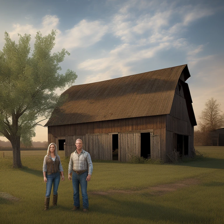 Eerie rural abandoned dilapidated barn, rural village, landscape, (highly detailed, HD), high octane, 8k, high resolution, dramatic lighting, sharp focus, depth of field, masterpiece , top quality, 3D, photorealistic, high quality textures