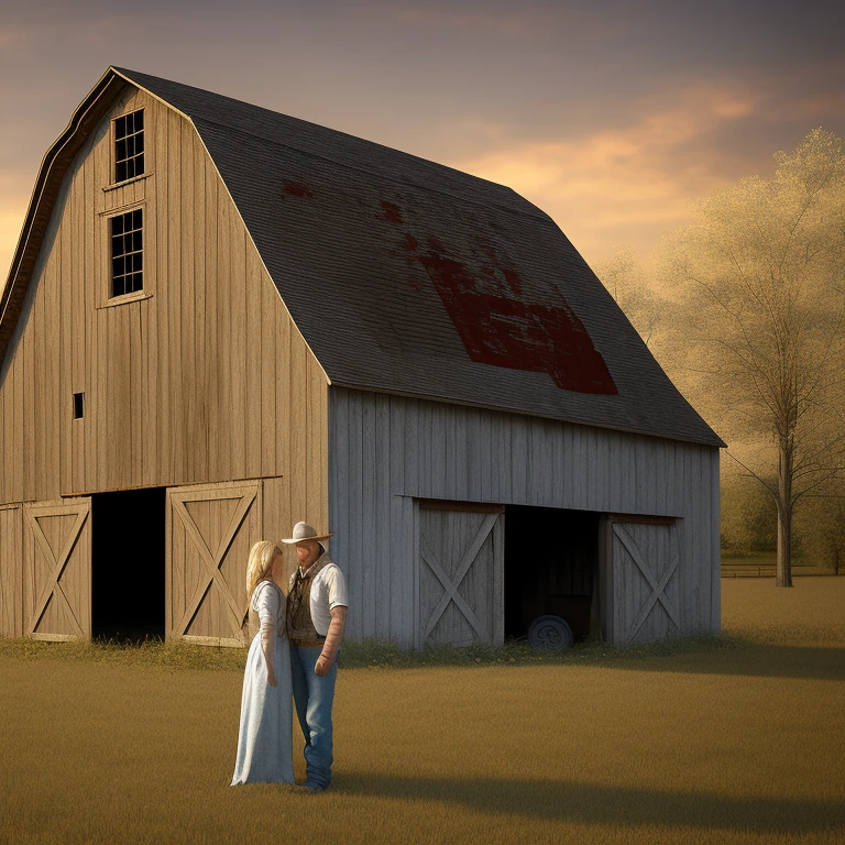 Abandoned dilapidated barn in a creepy rural setting, with a blonde American woman and a farmer standing in front of it, rural village, landscape, (highly detailed, HD), high octane, 8k, high resolution, drama lighting, sharp focus, depth of field, masterpiece, top quality, 3D, photorealistic, high quality textures