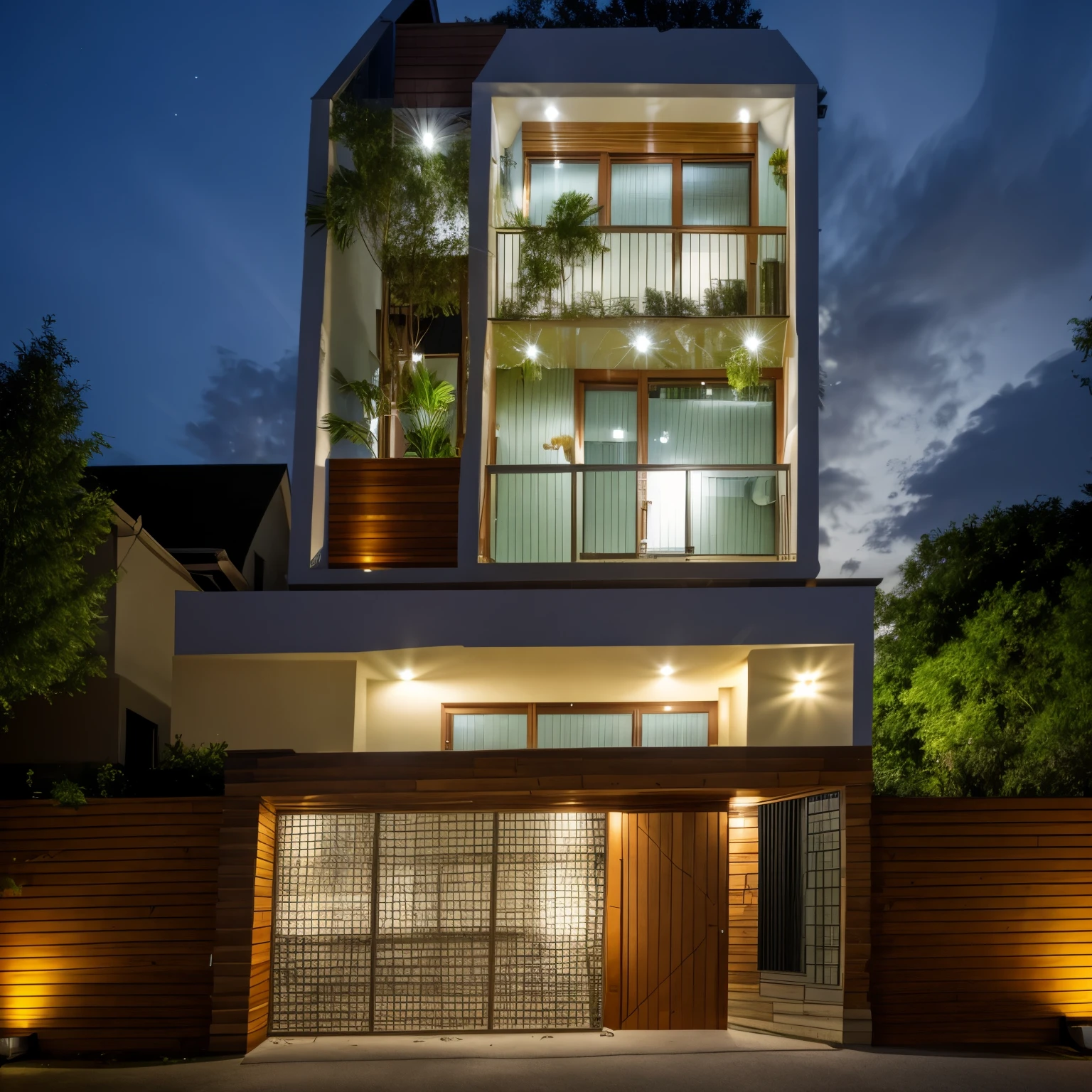 Exterior of house, mable decorations, (a road in front of house:1.3), tree, sky, cloud, night weather.