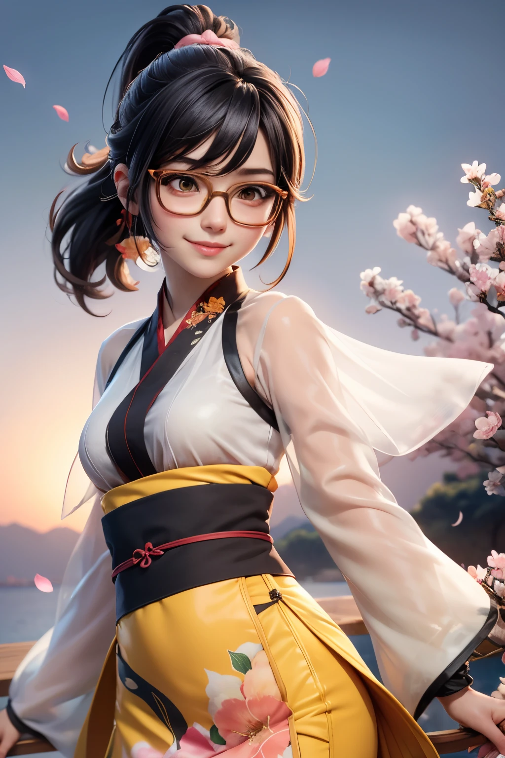 ((from the front)), pretty girl, black hair in a ponytail, bangs, hair accessory, wearing glasses, bright smile, small breasts, slim waist, ((wears a see-through hanfu) details Complex multi-layered (pastel yellow))), dresses fluttering in the wind, seductive dances, the backdrop is an island with only peach trees in full bloom, many peach petals fluttering, morning light, anime , high quality