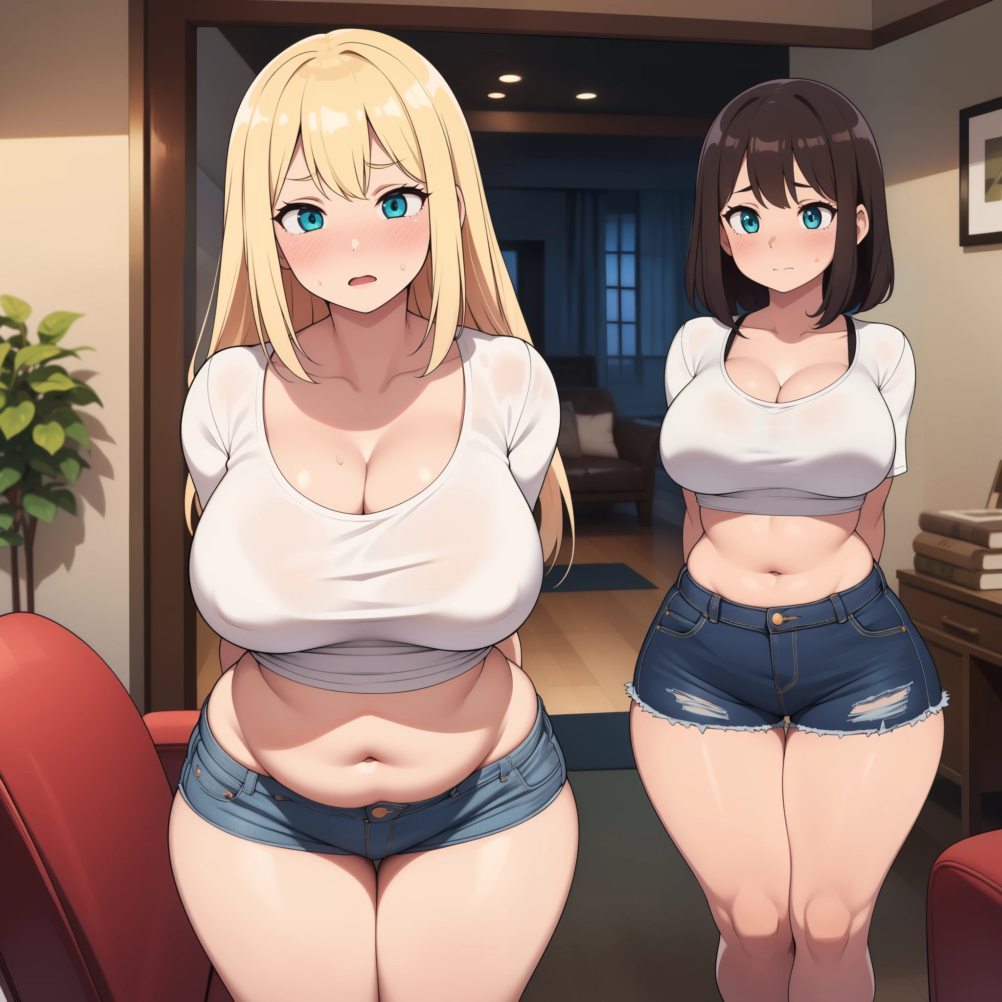 ((highres)), Masterpiece, high quality, best quality, beautiful, perfect lighting, detailed face, ultra cute face, cowboy shot, ((2girls)), (blush), embarrassed, one girl has blonde hair, blue eyes, crop top and shorts, one girl has brown hair, green eyes, jeans, white shirt, tight clothes, living room, medium breasts, cleavage, (wide hips), ((thick thighs)), ((chubby)), fat folds, belly hang, standing next to each other, arms behind back, harem, 