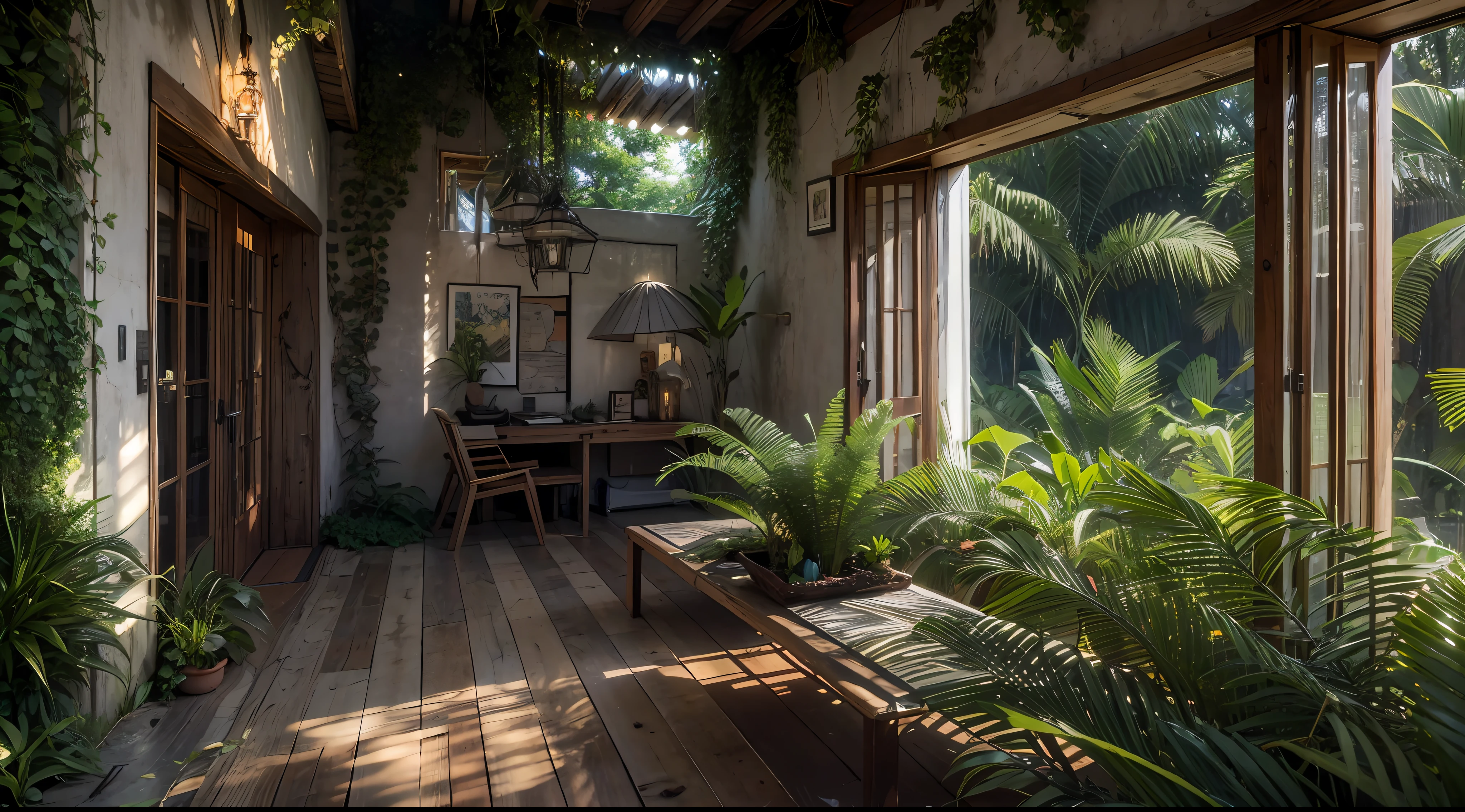 At dusk, Deep in the jungle of an uninhabited island stands a house that seems to be the manifestation of a fantastic dream. The overgrown underbrush and the exterior of the house are a fusion of natural elements and artistic ingenuity. The walls are constructed of weathered stone and wood, blending seamlessly with the surrounding environment. Vines and grasses delicately wind up the sides of the house, creating a harmony between architecture and nature. The thatched roof is a masterpiece of craftsmanship, with layers of woven palm leaves providing both insulation and rustic charm. Large windows with decorative wooden frames invite the ambient light of the jungle into the rooms, creating an interplay of shadow and light. Very realistic, photorealistic, outside the windows is the bottom of the deep sea, fantasy photography, magical, mystical, Very realistic, photograph, Canon, first-person view, super detail, high details, high quality, 8k