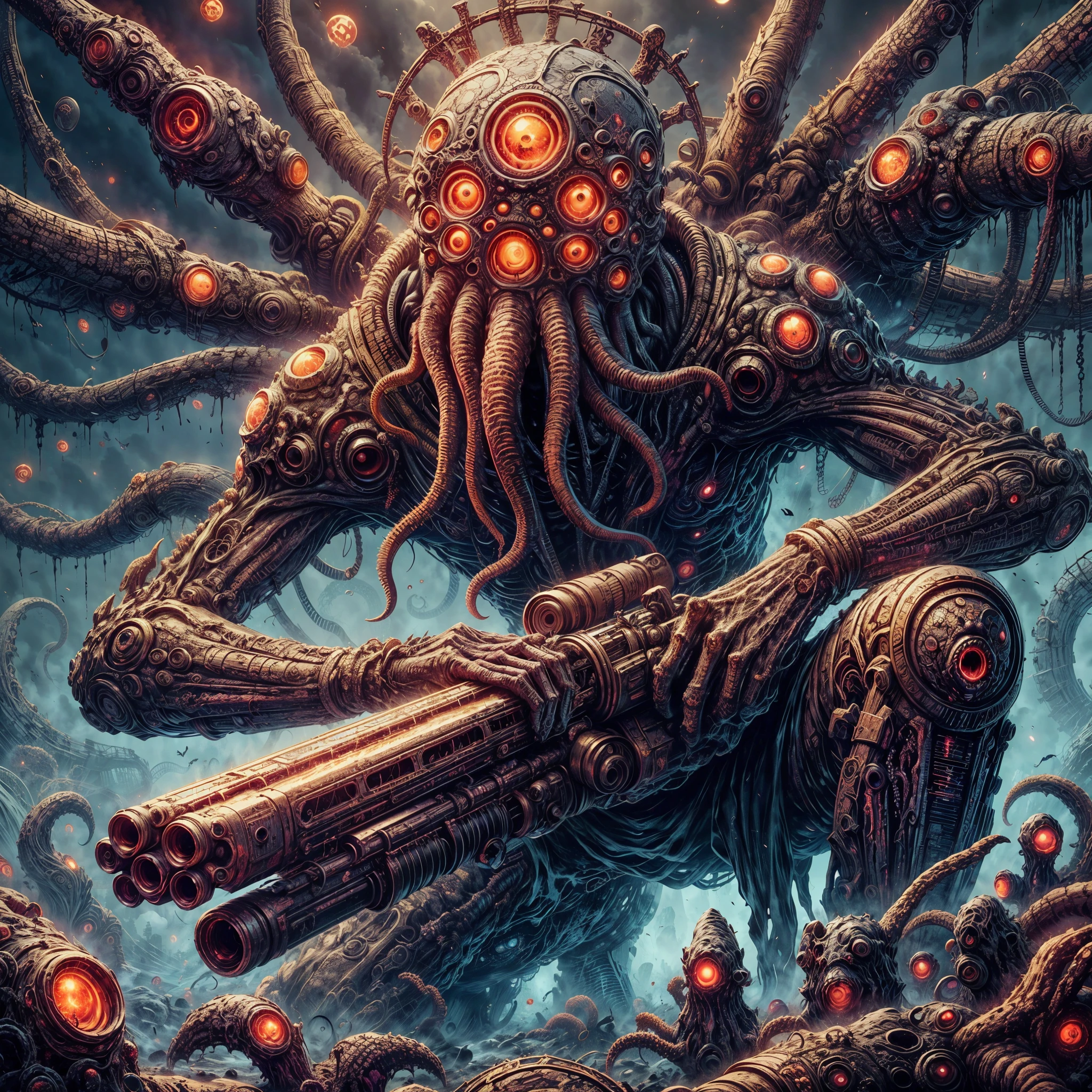 Resident evil,dark soul boss, Bloodborne,Lovecraft evils, monster, fantasy, dark, Smokey, many eyes, many tentacles, cloud like, floating, realistic, terrifying, otherworldly, destructive, pitch-black, holding a railgun made of bones, bloodstained,many mouths, many arms,tentacles, cursed human soul with desperate face,eirie,Lovecraft horror environment, ted mist