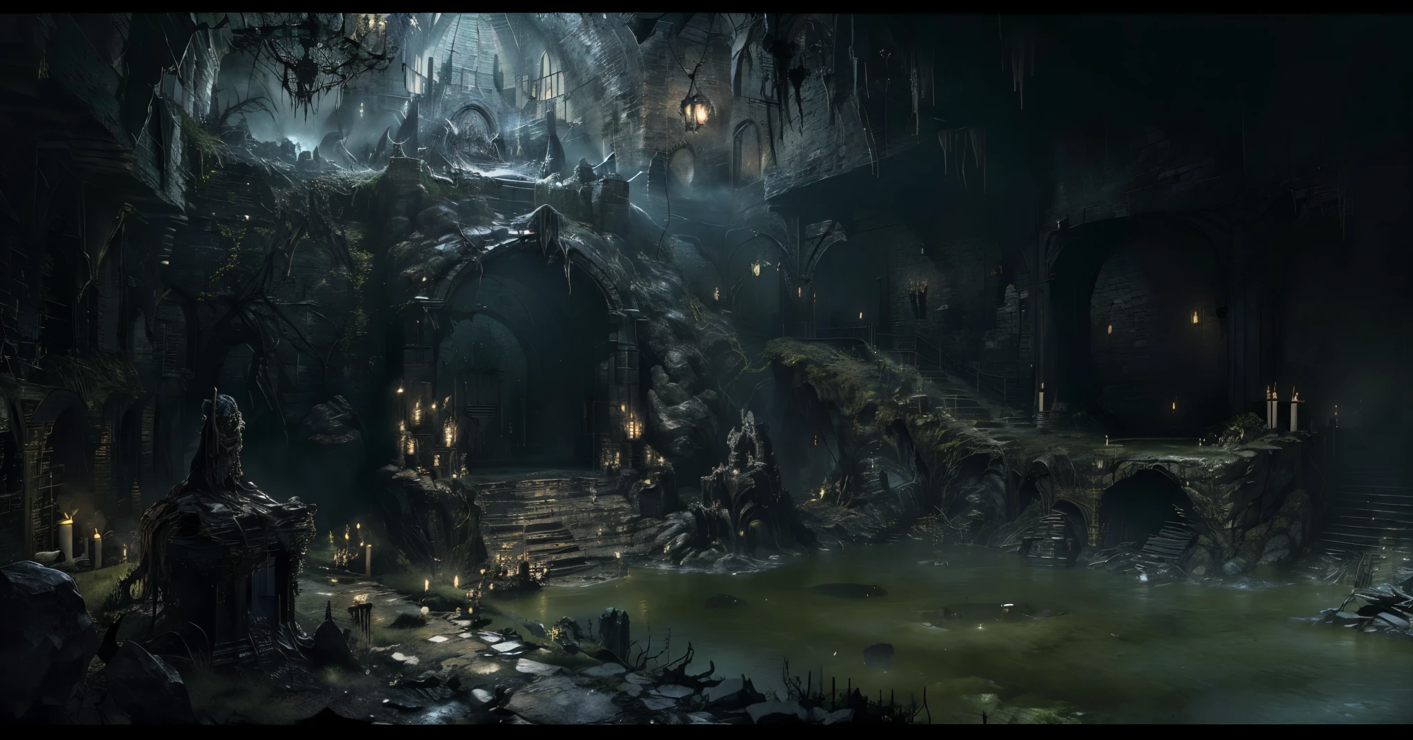 Spooky and terrifying神秘的地下洞穴中有一滩池水，The pool water smells bad，poisonous pool，dark green pool water，A broken staircase leads to a mysterious cave，scary sculpture，religious sculpture，Dark style，Panorama，Spooky and terrifying，Damp dungeons， Dimly lit dungeons，medieval sculpture，underground cage，Burning candles，《Diablo》Midnight，In the dark，dim lights，black sky，Mysterious continent，(Great dark magic sprouts from the west:1.2), (The air is filled with black necromancy.:1.2), fire, Ice and thunder, dungeons and dragons, final fantasy, game art, (Coherent architecture and interior design, Has realistic proportions and textures, intricate details, Hand Painted, energetic, Cinema lighting, masterpiece, 8k:1.2),world map,In the middle of the map is the Holy City