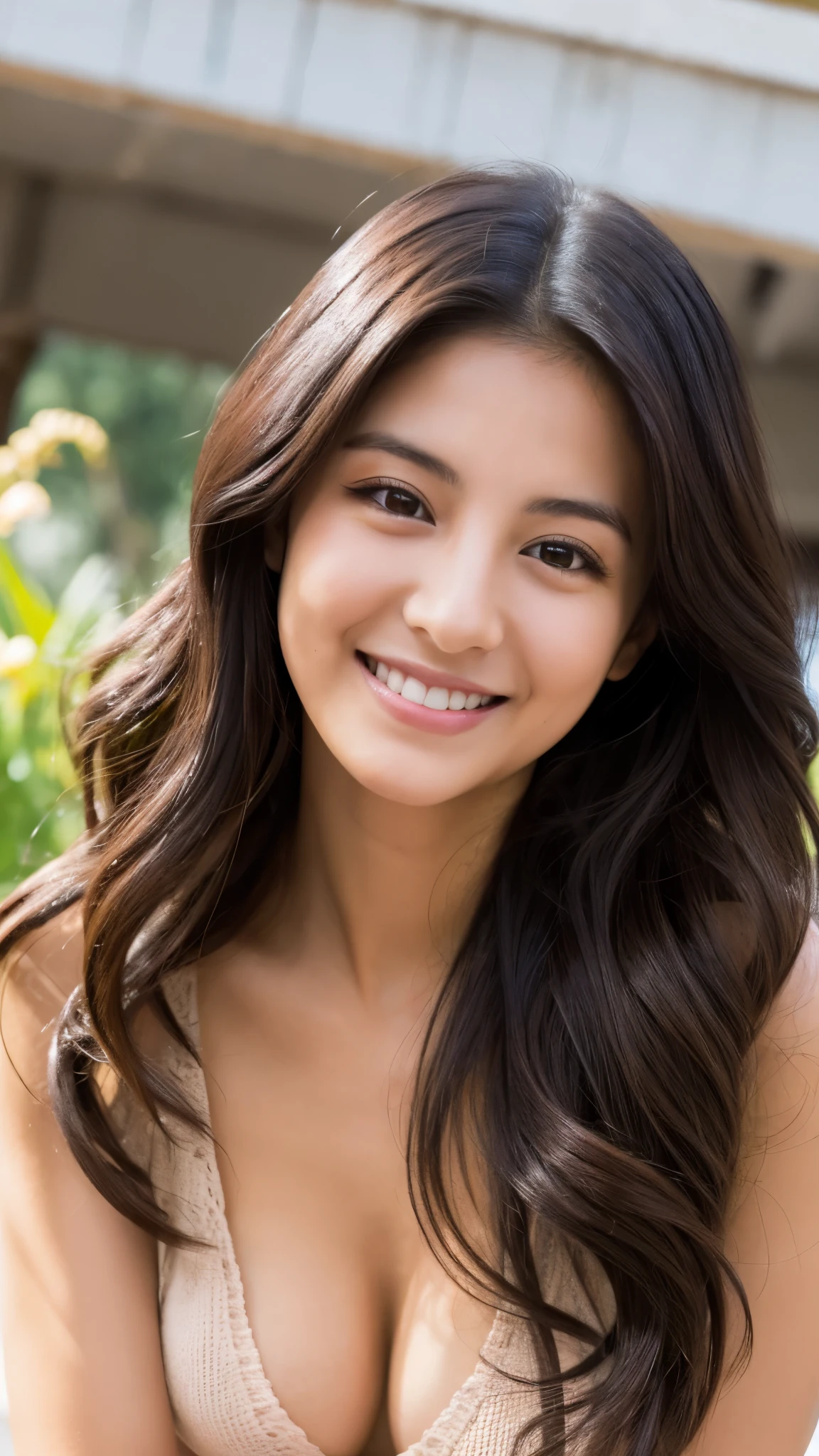 1 mexican girl, 25 years old, Long Wavy black Hair, dark brown eyes, black hair, nude, cleavage, smiling