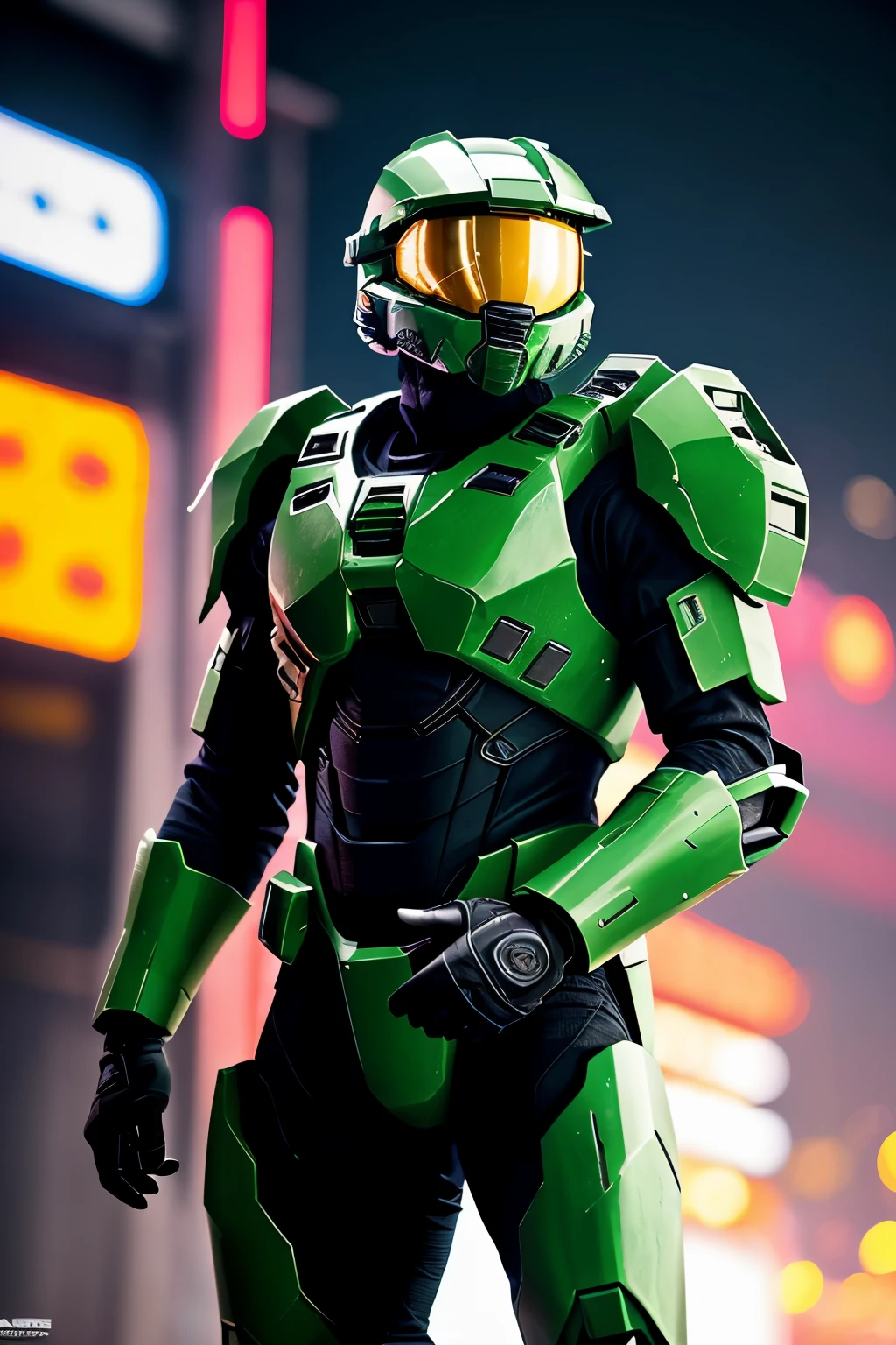 Master chief, clad in his iconic green armor from the Halo series, stands boldly against the backdrop of a neon-lit, 8k sci-fi landscape. The vibrant color grading accents the fine details of his armor, creating an otherworldly glow. Smoke trails of intense neon green swirl around him, adding to the dramatic atmosphere. The angle shoot is taken from an extreme perspective, capturing his intense expression and the tension in his posture. The overall image is a premium, award-winning composition, filled with intricate details and a striking sense of drama. (darkeness:0.5), neon, hi-tech, vibrant colors, Master Cheif