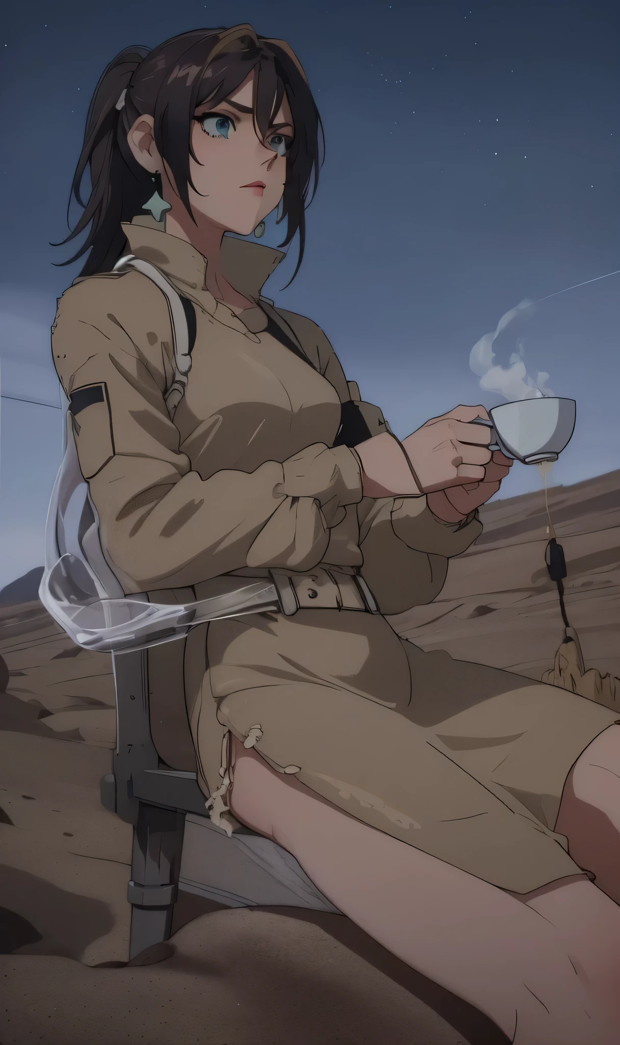 there is a woman sitting on a chair with a cup in her hand, drinking tea, is ((drinking a cup of tea)), at the desert, somewhere in sands of the desert, holding a cup of tea, dune style, ethereal vaporous tan skin, mysterious coffee shop girl, cinematic detail, in desert, elite dangerous 💙💜 ornate ︎, desert setting ((masterpiece, highest quality)), green eyes, white star earrings