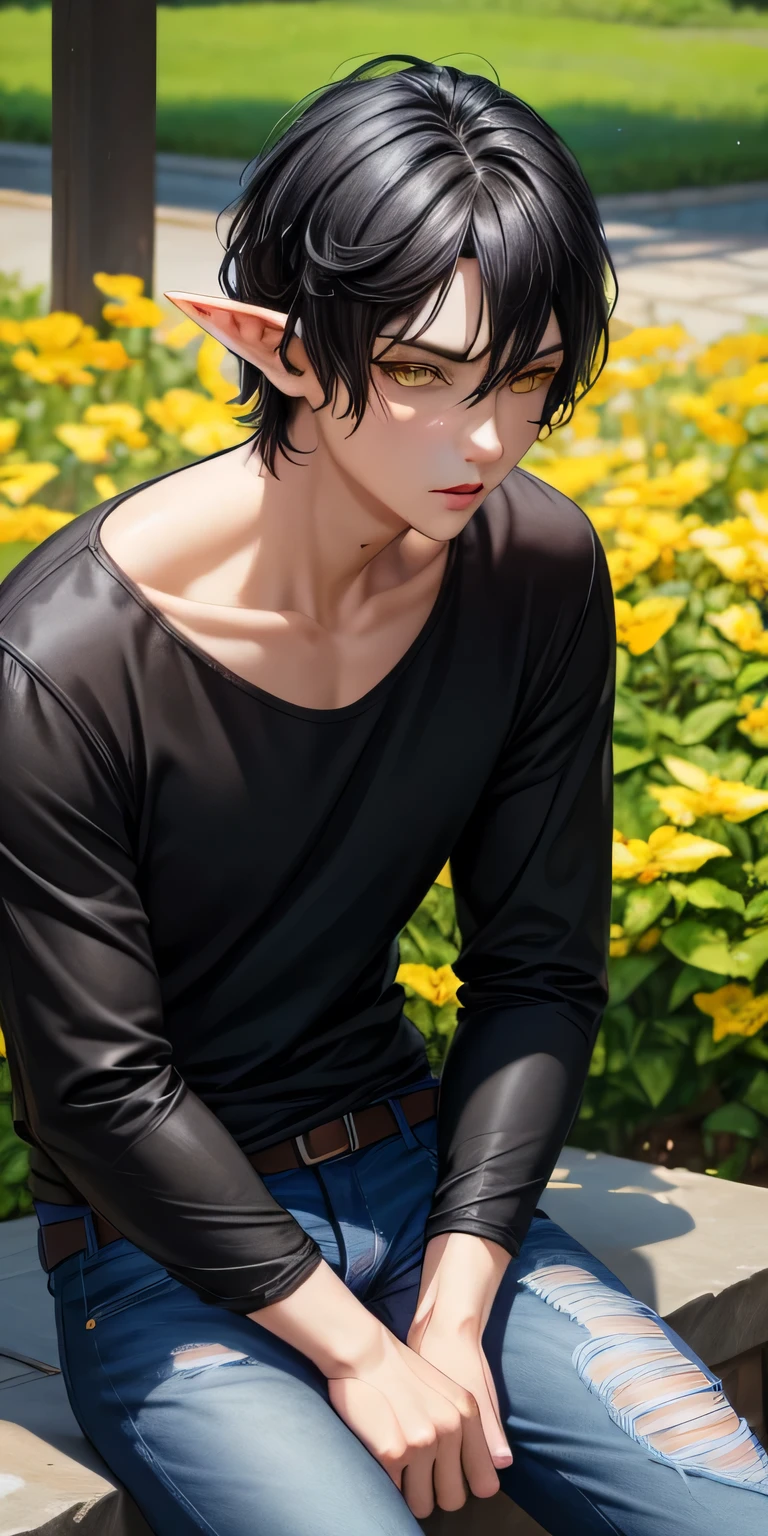 realistic, 1man, short black hair, yellow eyes, elf ears, black shirt, jeans