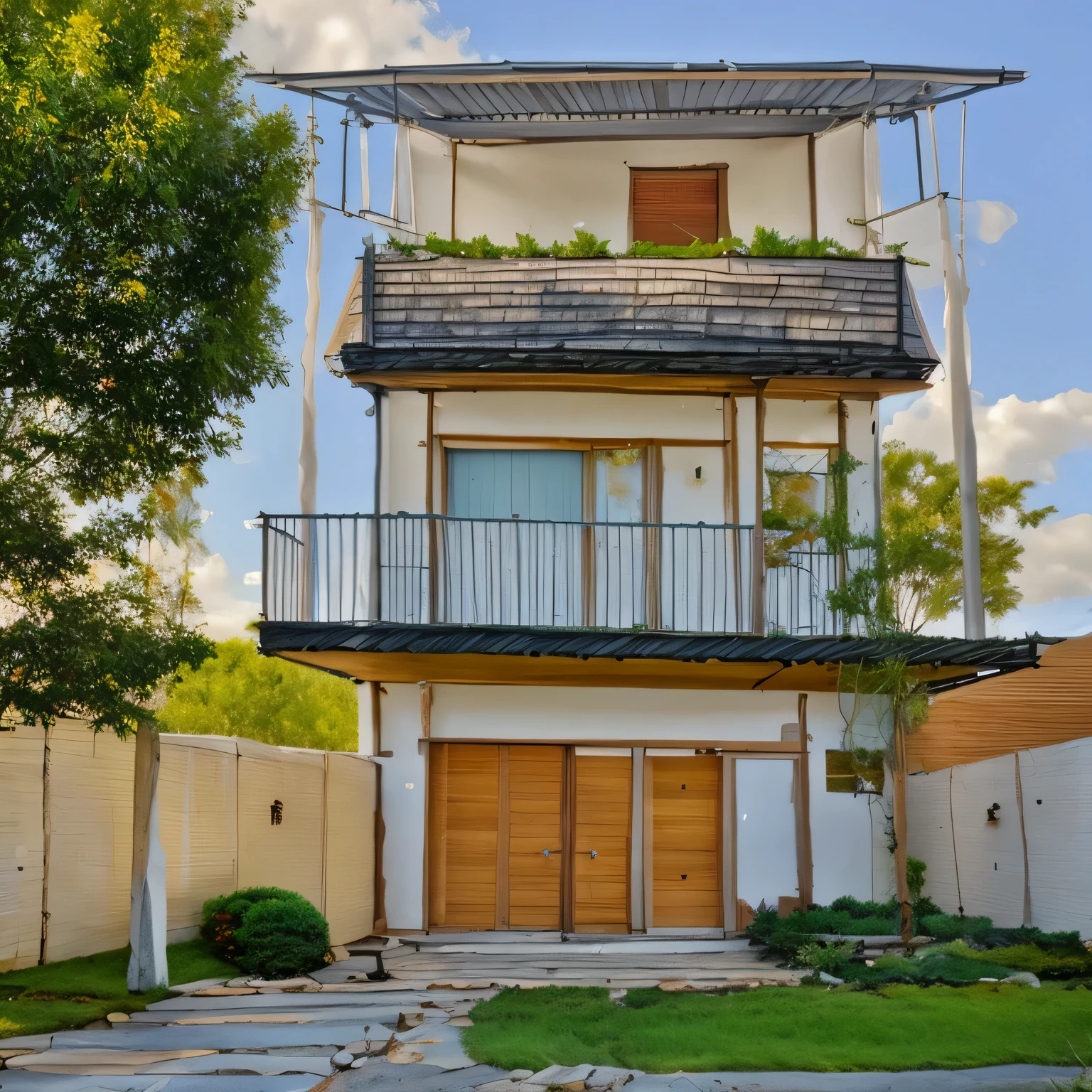 Exterior of house, marble decorations, (a road in front of house:1.3), tree, rock and grass path, sky, cloud, morning weather.