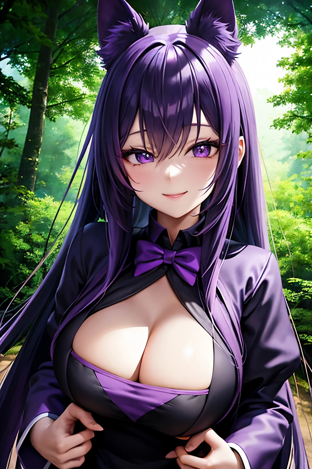 anime girl in a purple and black outfit standing in front of a forest, mysterious setting, dark forest, smiling, focus on upper body, masterpiece, best quality, high quality
