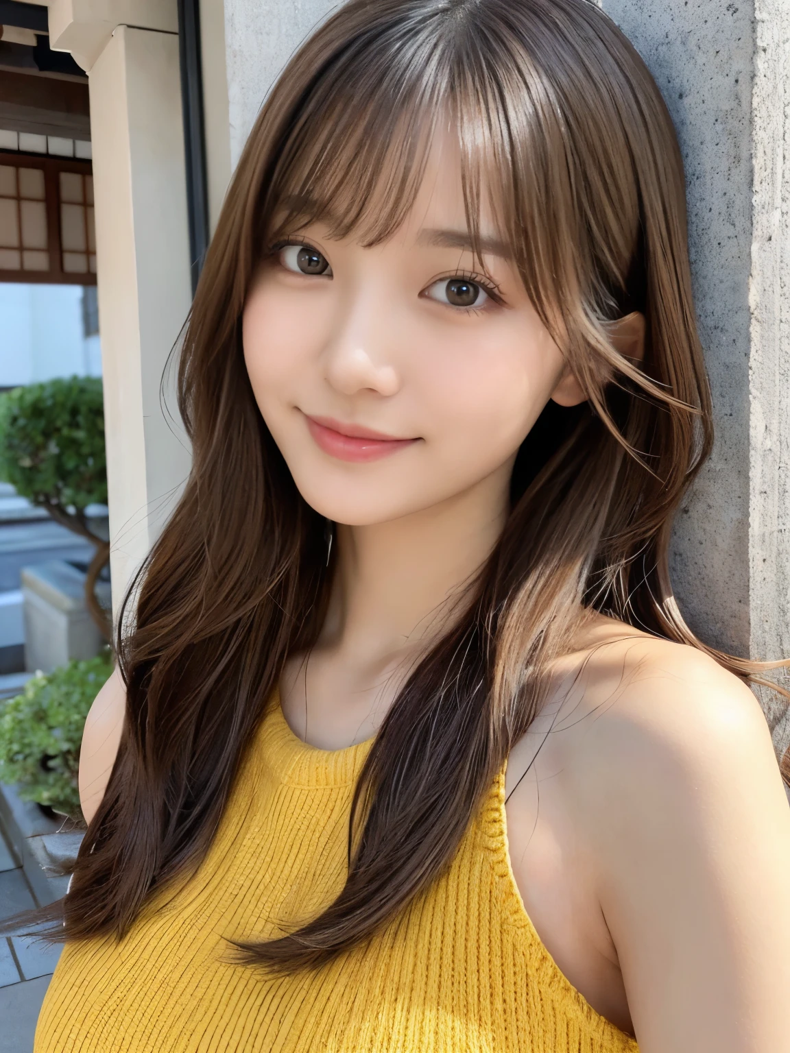 masterpiece、1 beautiful girl、A detailed eye、Puffy eyes、top-quality, 超A high resolution, (Realisticity: 1.4), cinematlic lighting、japanes、Asian Beauty、Super beauty、Beautiful skin、A slender、The body facing forward、(A hyper-realistic)、(hight resolution)、(8K)、(ighly detailed)、(beautifully detailed eyes)、(ultra-detailliert)、 (wall-)、A detailed face、Bright lighting、profetional lighting、looking at viewert、Facing straight ahead、(The costume a knitted dress)、Long hair, hair messy, asymmetrical bangs, 、nighttime scene、Brown hair、Japan idle、韓国アイドル、hposing Gravure Idol、、age21、tall, smile,