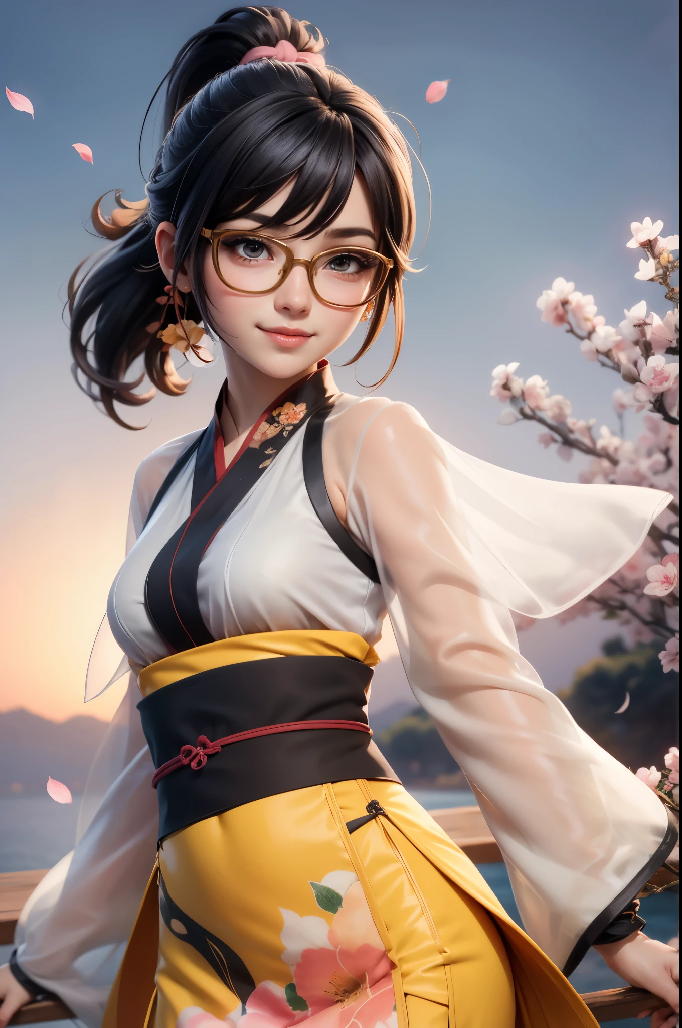 ((from the front)), pretty girl, black hair in a ponytail, bangs, hair accessory, wearing glasses, bright smile, small breasts, slim waist, ((wears a see-through hanfu) details Complex multi-layered (pastel yellow))), dresses fluttering in the wind, seductive dances, the backdrop is an island with only peach trees in full bloom, many peach petals fluttering, morning light, anime , high quality